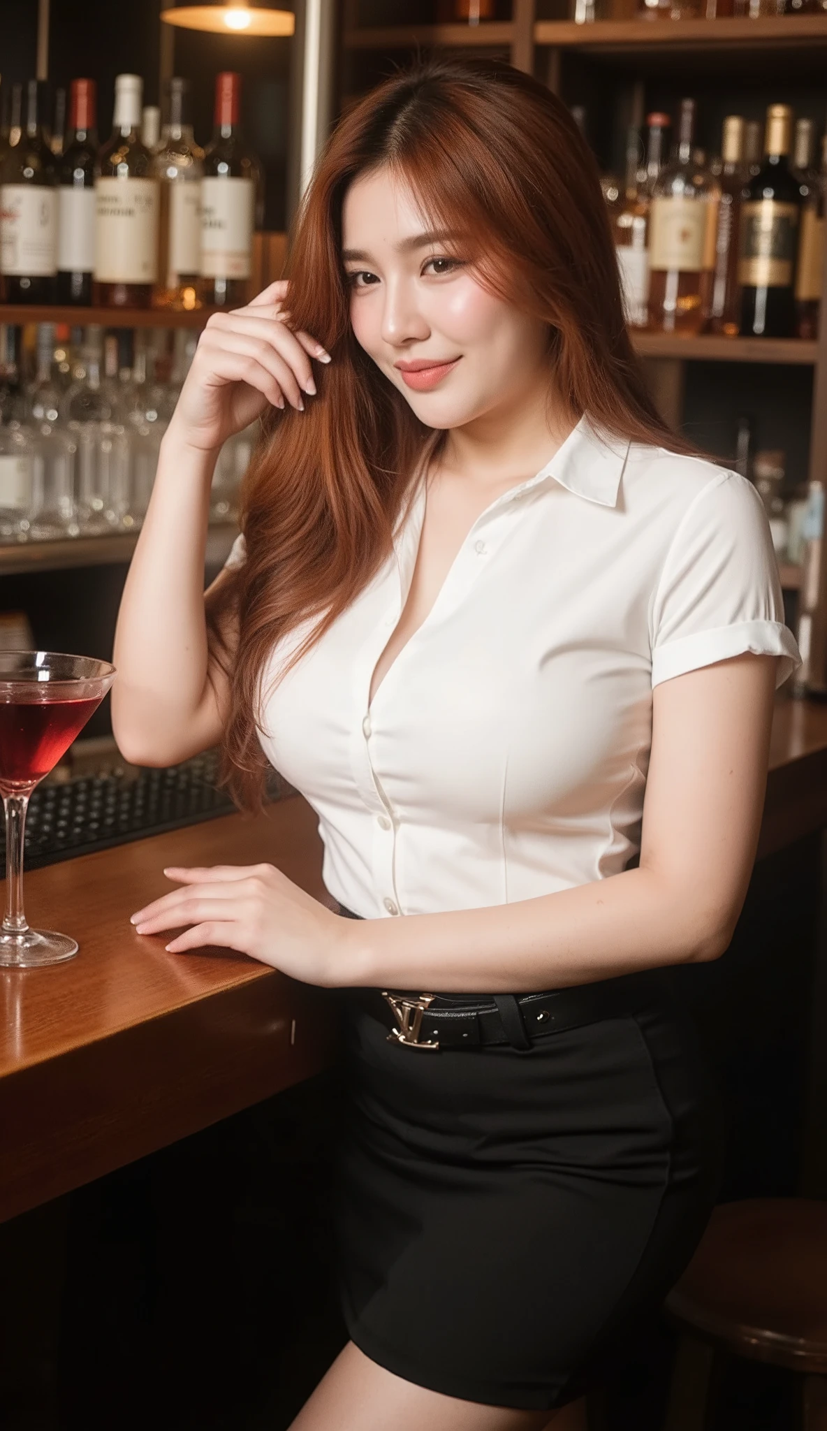 A portrait image shows a young Korean-Thai woman in a club at night.
She has a long fluffy haircut, showing off her narrow forehead. She has a voluptuous figure. She is chubby-sexy. She has a cherry red hair colour. She wears a Thai Mahalai uniform (a light-white short-sleeved collared shirt with silver buttons with the LV brooch, a black leather belt with a silver university buckle, and a short black pencil skirt) that highlights her curvy figure and ample bust. She is smiling in an alluring way.
She combs her hair with her hand. She leans seductively over a polished wooden bar counter, holding a vibrant red wine in a tall martini glass, with a background of a well-stocked bar featuring shelves of colorful liquor bottles and soft ambient lighting.