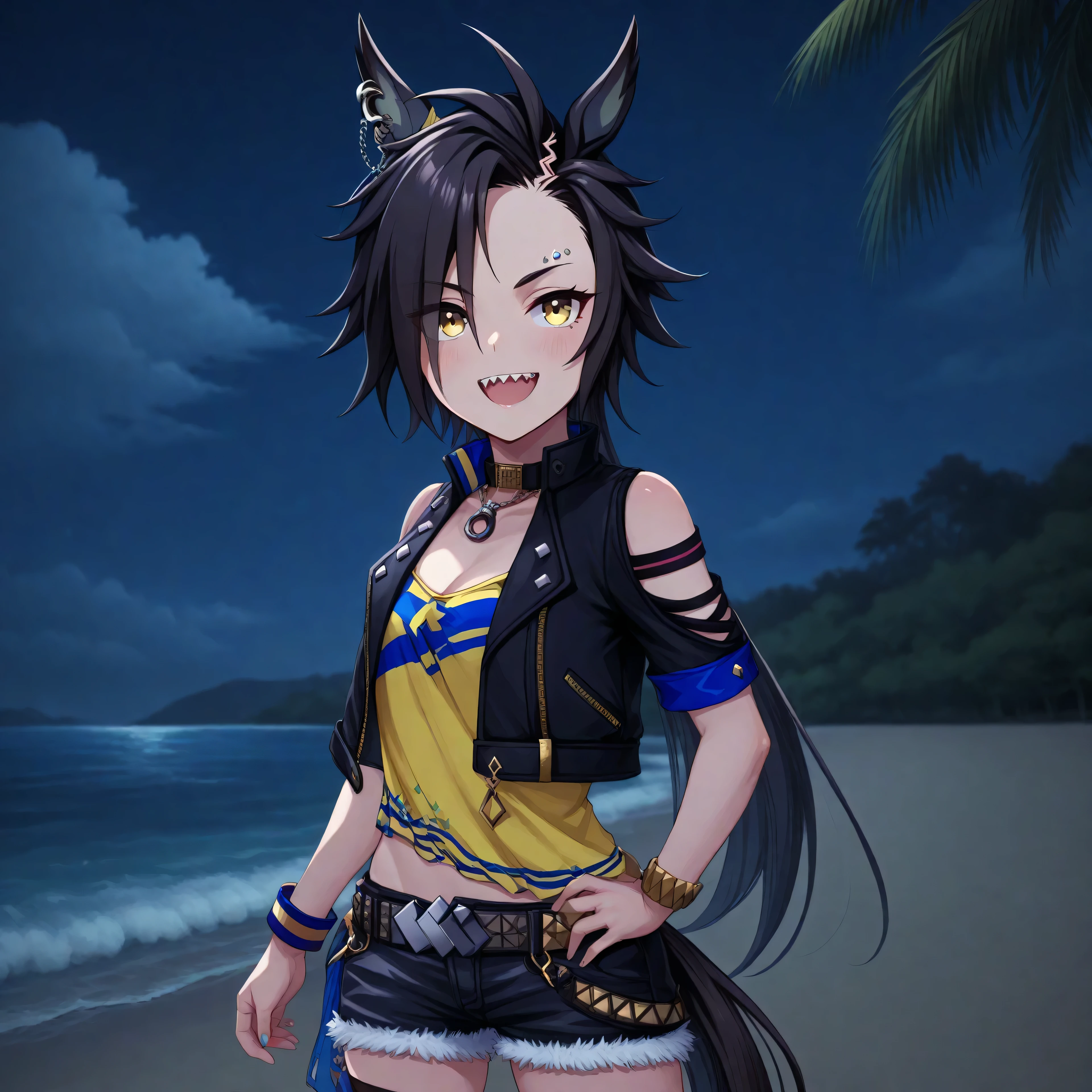 anime, lazypos, masterpiece, best quality, amazing quality, at beach, blushing, night, night time, 1girl, solo, airshakurdef, horse tail, sharp teeth, asymmetrical bangs, horse ears, ear ornament, yellow eyes, black jacket, cropped jacket, shoulder cutout, open jacket, short sleeves, yellow shirt, clothing cutout, black shorts, short shorts, belt, thigh strap, eyebrow piercing, ear piercing, wristband,