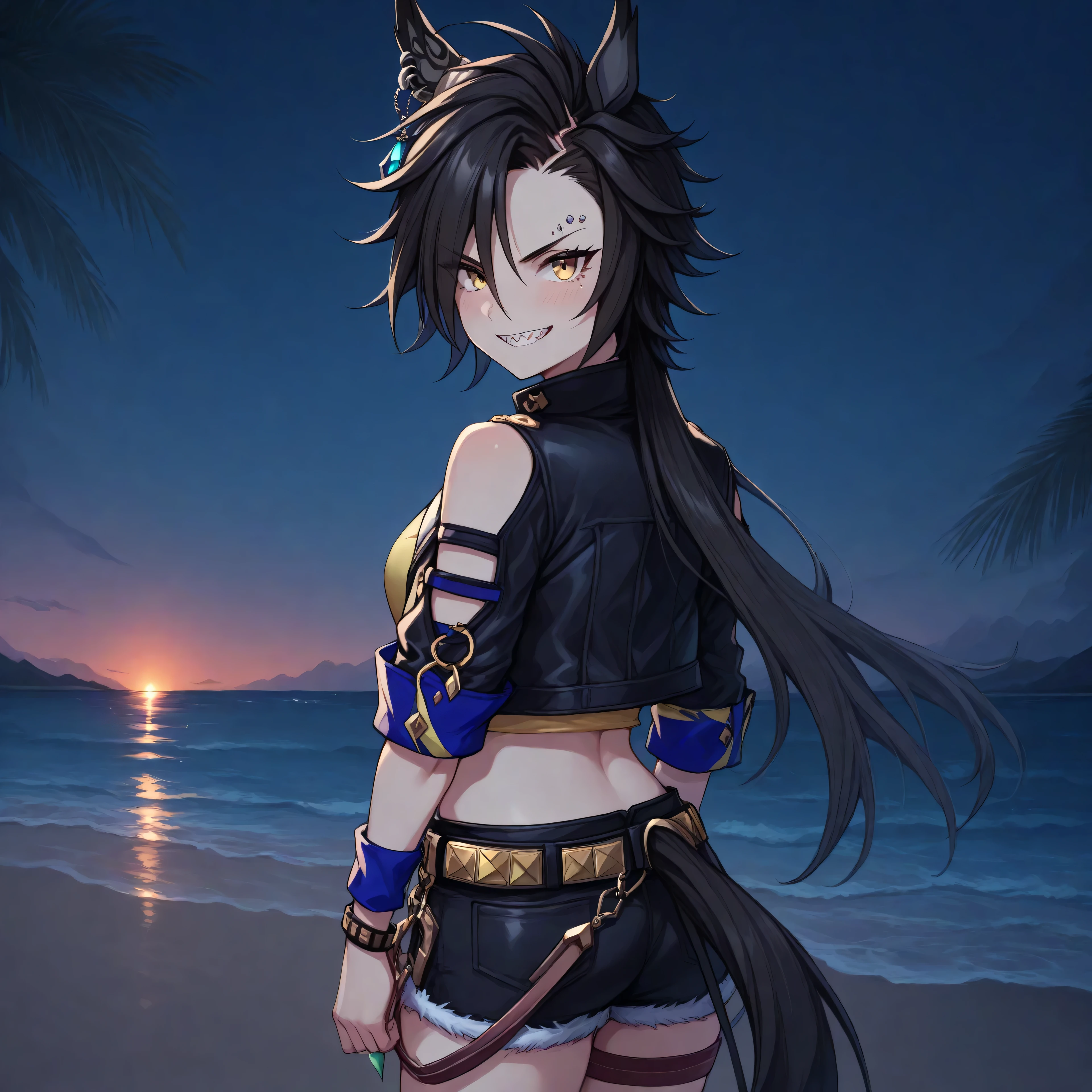 anime, lazypos, masterpiece, best quality, amazing quality, at beach, blushing, night, night time, 1girl, solo, airshakurdef, horse tail, sharp teeth, asymmetrical bangs, horse ears, ear ornament, yellow eyes, black jacket, cropped jacket, shoulder cutout, open jacket, short sleeves, yellow shirt, clothing cutout, black shorts, short shorts, belt, thigh strap, eyebrow piercing, ear piercing, wristband,