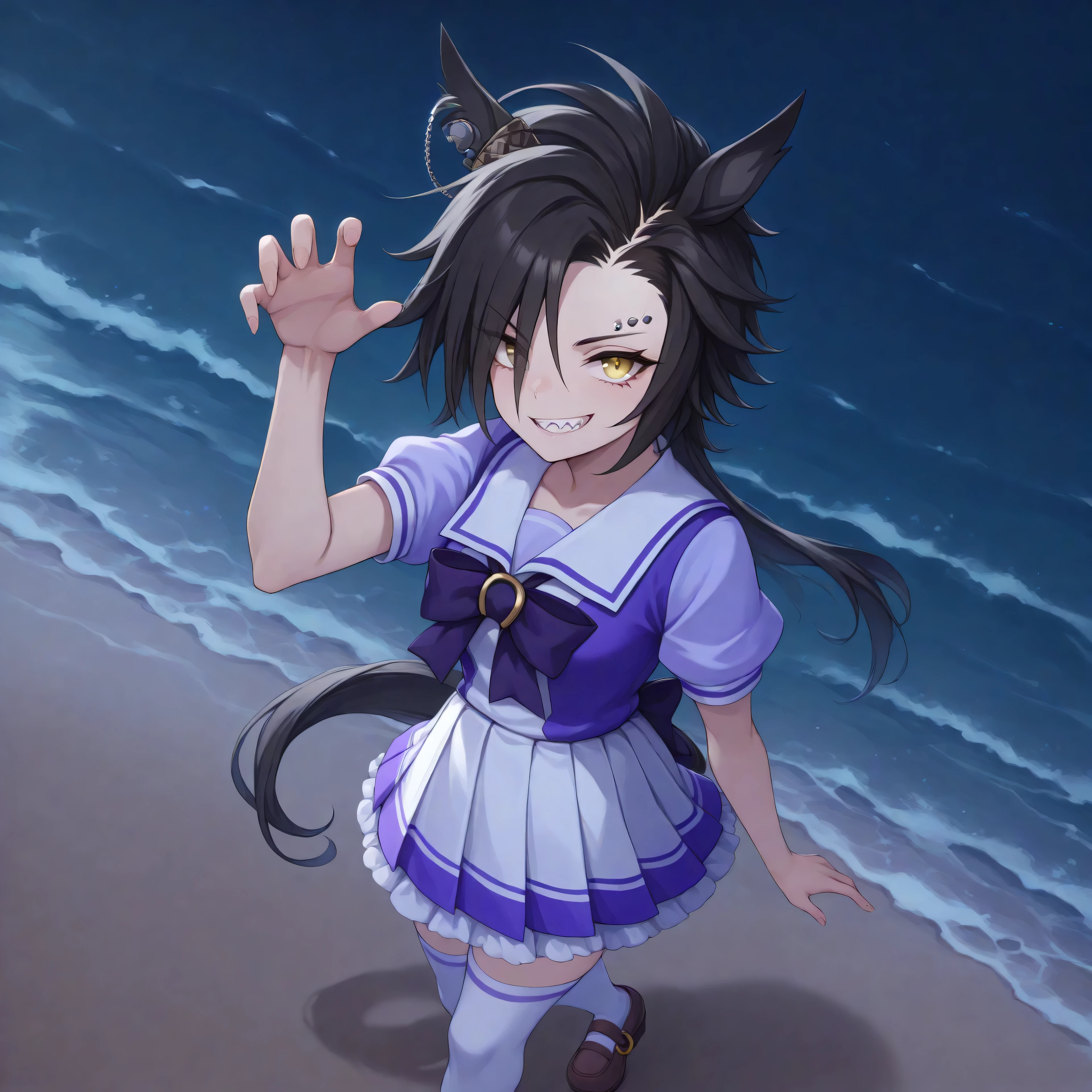 anime, lazypos, masterpiece, best quality, amazing quality, at beach, mad, flipping viewer off, night, night time, 1girl, solo, airshakurdef, horse tail, sharp teeth, asymmetrical bangs, horse ears, ear ornament, yellow eyes, eyebrow piercing, ear piercing, TracenShort, tracen school uniform, purple sailor shirt, white pleated skirt, white thighhighs, brown loafers, purple bow, puffy short sleeves,