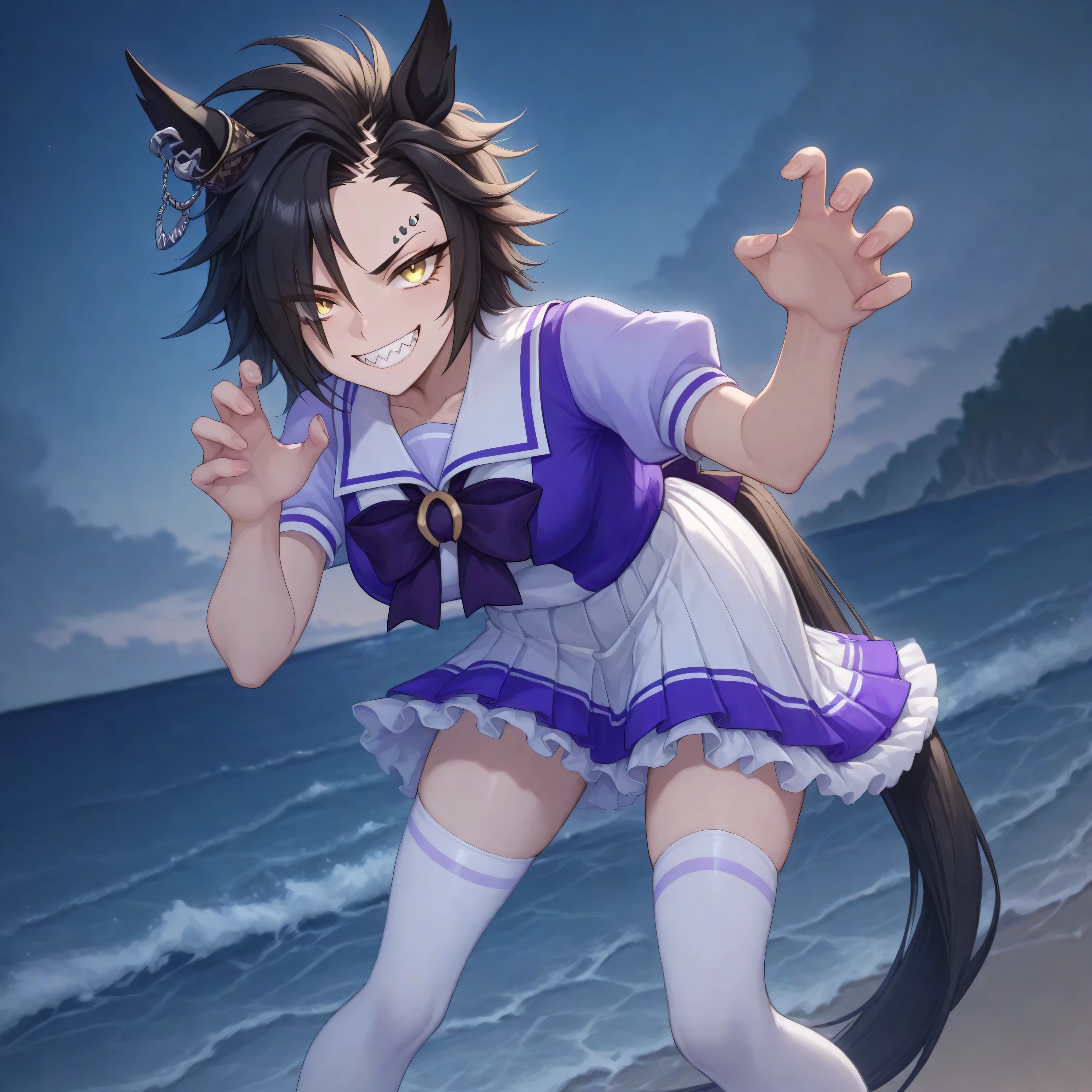 anime, lazypos, masterpiece, best quality, amazing quality, at beach, mad, flipping viewer off, night, night time, 1girl, solo, airshakurdef, horse tail, sharp teeth, asymmetrical bangs, horse ears, ear ornament, yellow eyes, eyebrow piercing, ear piercing, TracenShort, tracen school uniform, purple sailor shirt, white pleated skirt, white thighhighs, brown loafers, purple bow, puffy short sleeves,