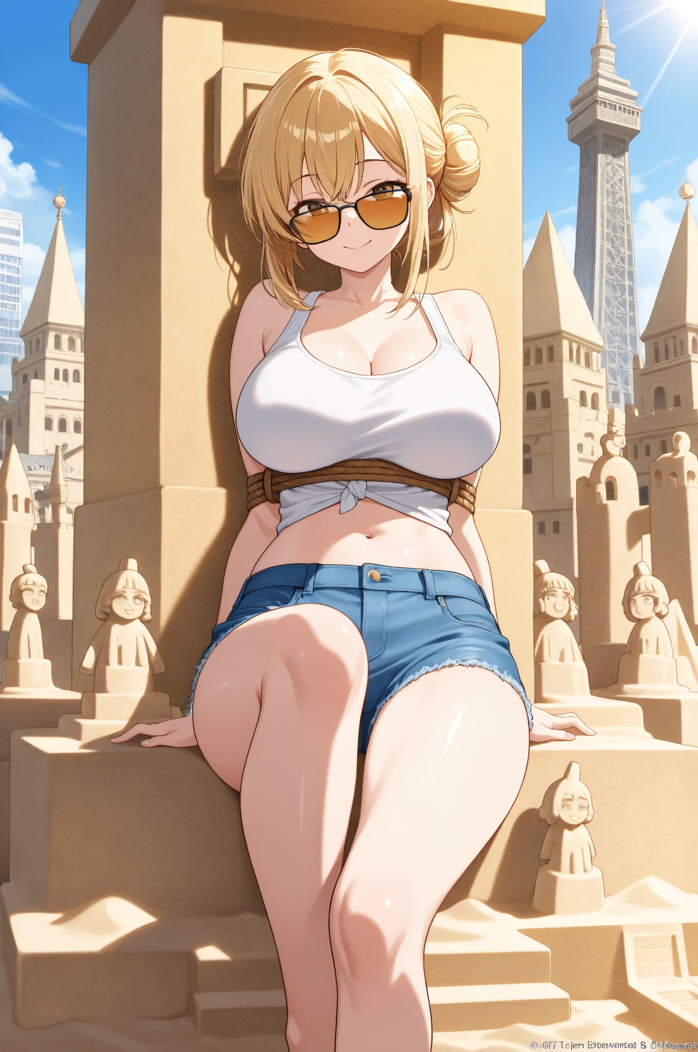 blonde woman, posing for photo on deck, wearing tiny yellow bra, wearing tight and tiny denim shorts, wearing yellow flip-flops, thick legs, big breasts, hard and upturned breasts