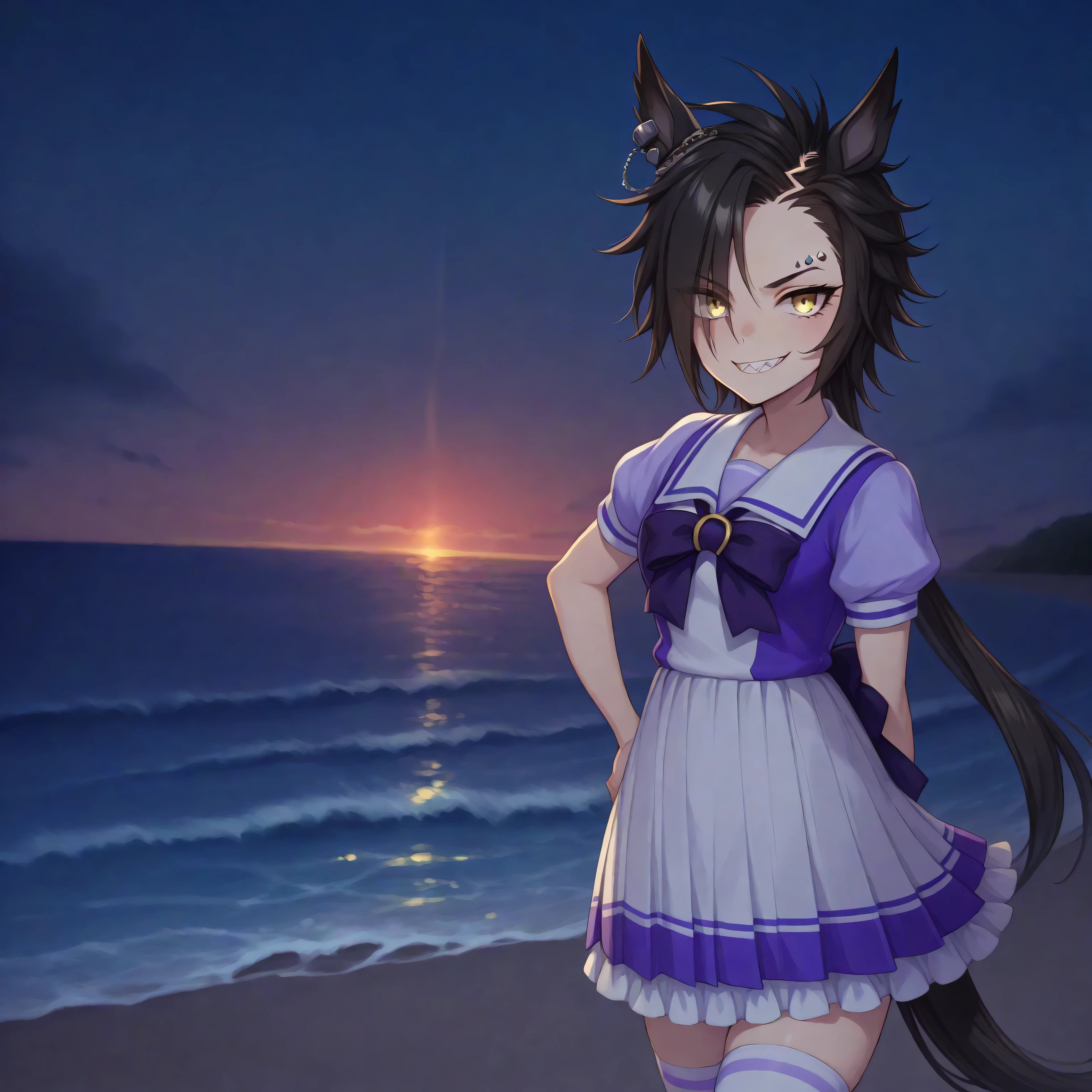 anime, lazypos, masterpiece, best quality, amazing quality, at beach, mad, flipping viewer off, night, night time, 1girl, solo, airshakurdef, horse tail, sharp teeth, asymmetrical bangs, horse ears, ear ornament, yellow eyes, eyebrow piercing, ear piercing, TracenShort, tracen school uniform, purple sailor shirt, white pleated skirt, white thighhighs, brown loafers, purple bow, puffy short sleeves,