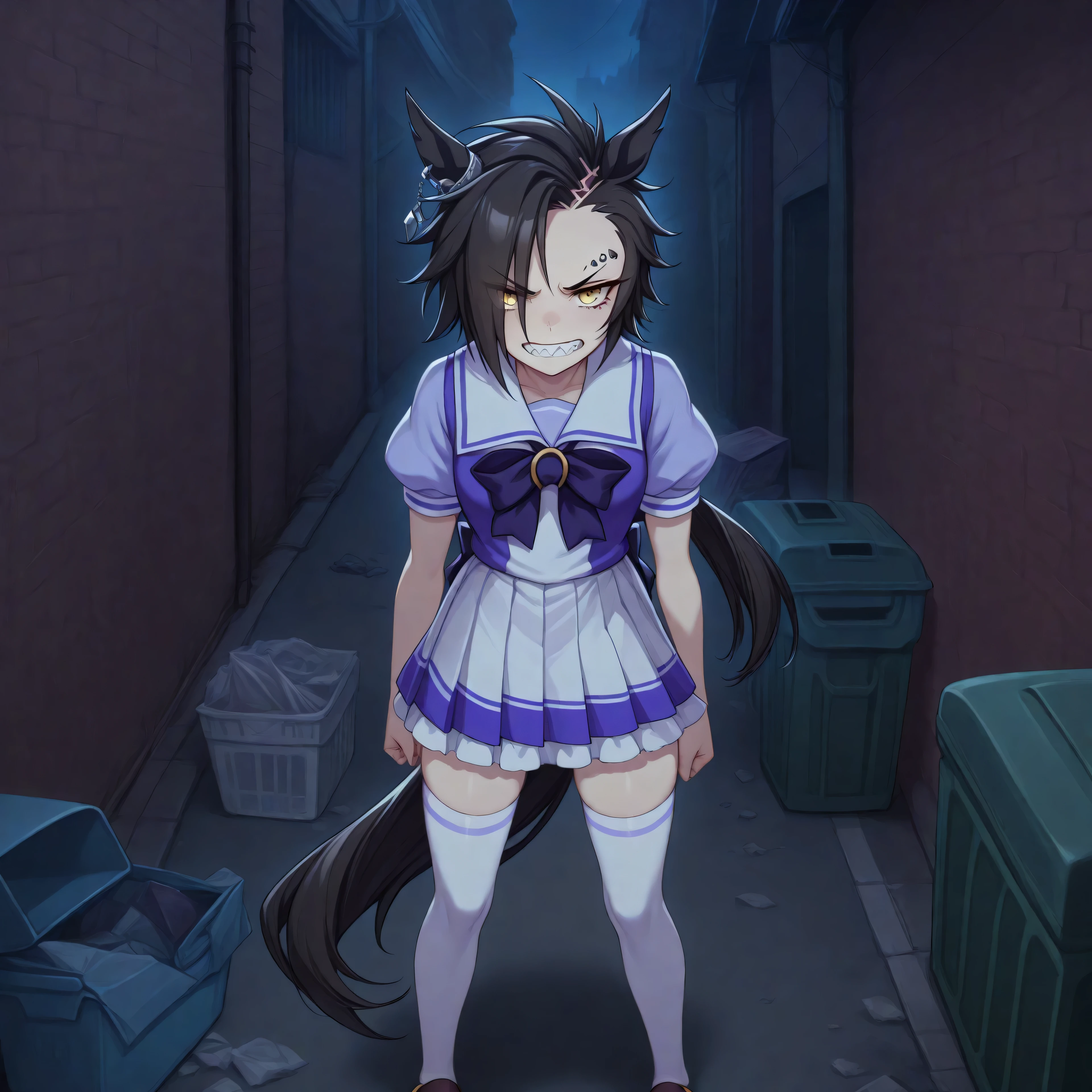 anime, lazypos, masterpiece, best quality, amazing quality, in alleyway, garbage, trash, dumpster, angry at viewer, flipping viewer off, night, night time, 1girl, solo, airshakurdef, horse tail, sharp teeth, asymmetrical bangs, horse ears, ear ornament, yellow eyes, eyebrow piercing, ear piercing, TracenShort, tracen school uniform, purple sailor shirt, white pleated skirt, white thighhighs, brown loafers, purple bow, puffy short sleeves,