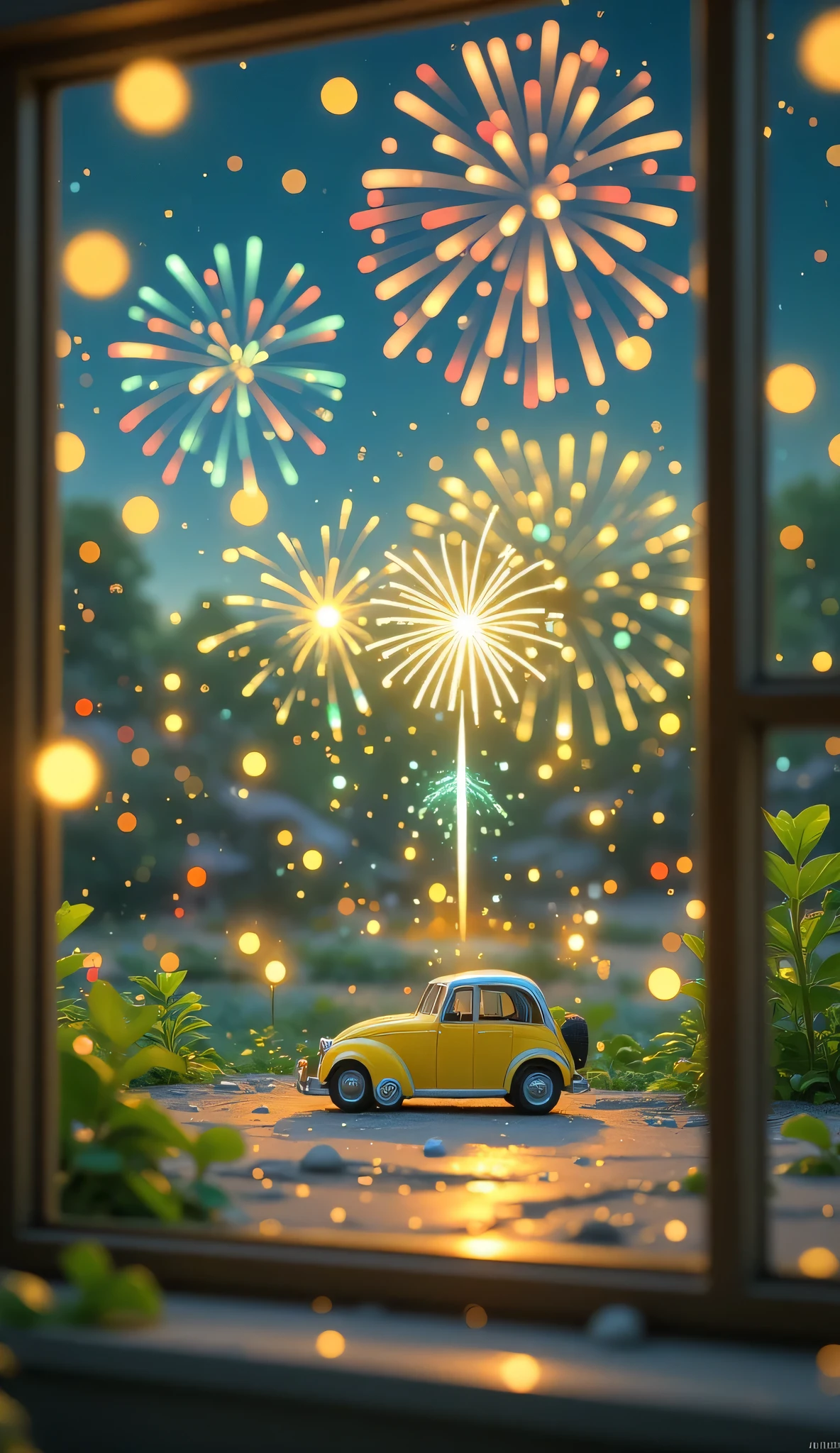 Watching fireworks while drinking wine,Scenery Seen Through a Window,Windowside with fireworks visible、high quality realistic 3d rendering,precise texture,Sparkling night view,Deep Colors,sophisticated composition,Charming Atmosphere,Delicate Details,Exquisite Bokeh ,masterpiece,car,Lots of fireworks