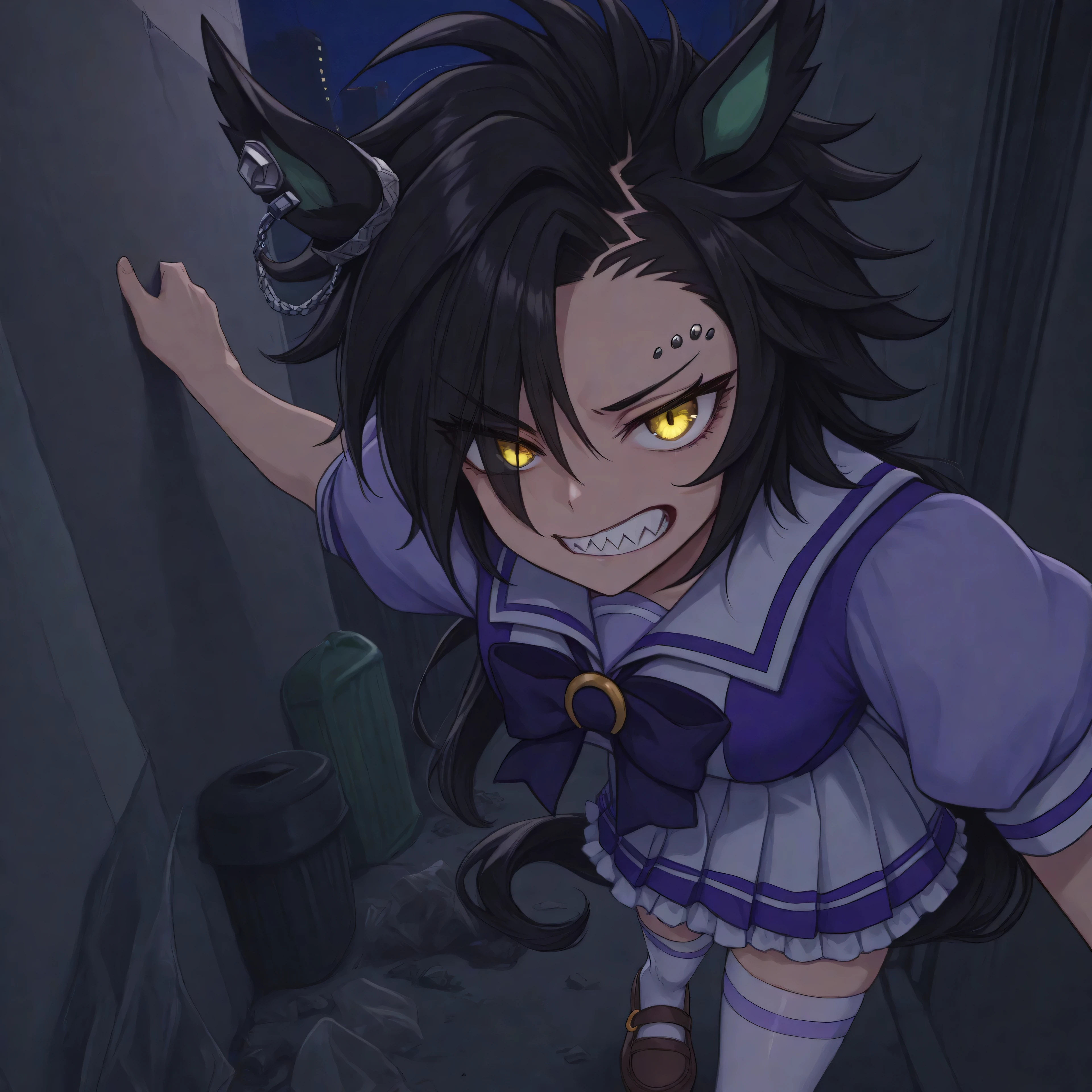 anime, lazypos, masterpiece, best quality, amazing quality, in alleyway, garbage, trash, dumpster, angry at viewer, flipping viewer off, night, night time, 1girl, solo, airshakurdef, horse tail, sharp teeth, asymmetrical bangs, horse ears, ear ornament, yellow eyes, eyebrow piercing, ear piercing, TracenShort, tracen school uniform, purple sailor shirt, white pleated skirt, white thighhighs, brown loafers, purple bow, puffy short sleeves,