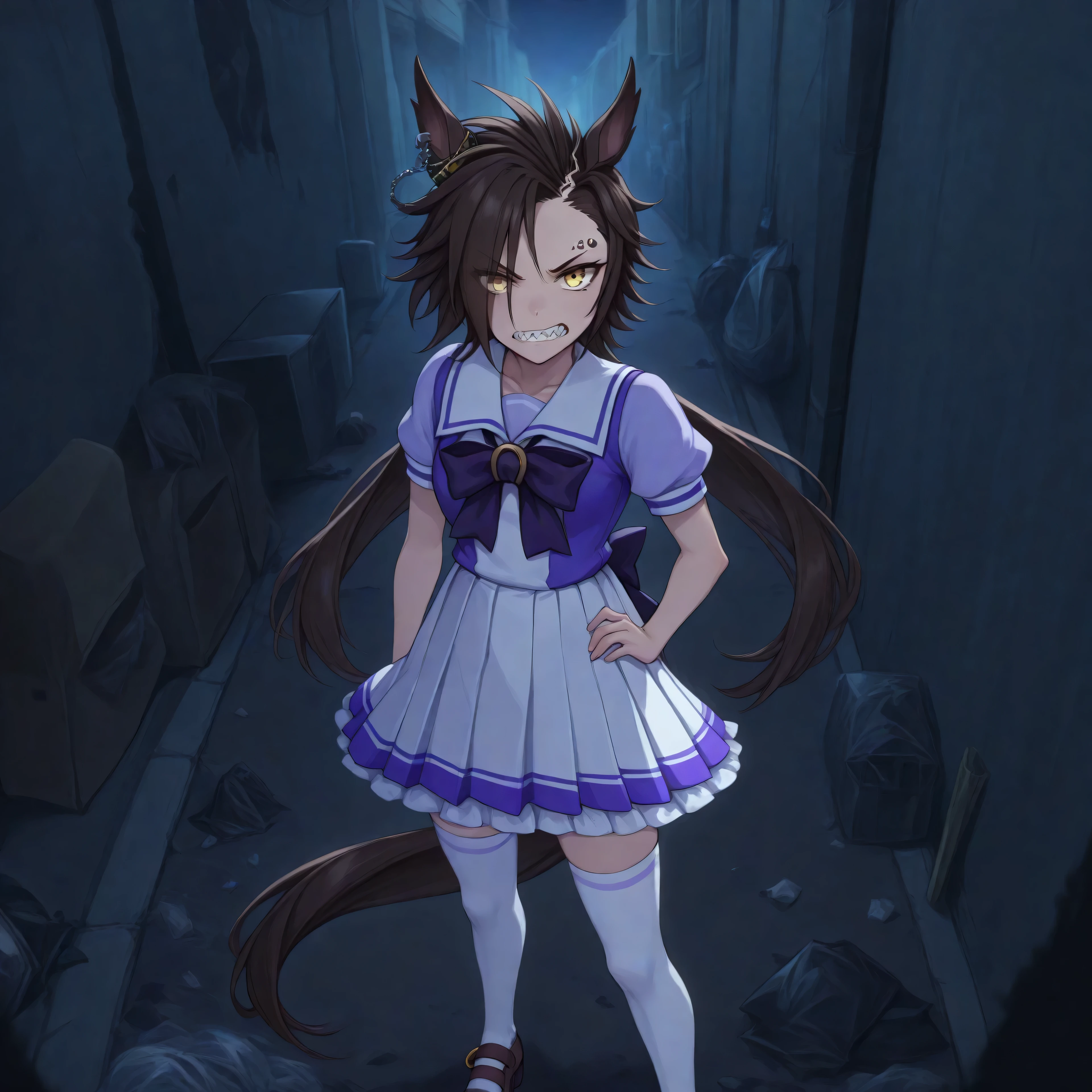 anime, lazypos, masterpiece, best quality, amazing quality, in alleyway, garbage, trash, dumpster, angry at viewer, flipping viewer off, night, night time, 1girl, solo, airshakurdef, horse tail, sharp teeth, asymmetrical bangs, horse ears, ear ornament, yellow eyes, eyebrow piercing, ear piercing, TracenShort, tracen school uniform, purple sailor shirt, white pleated skirt, white thighhighs, brown loafers, purple bow, puffy short sleeves,