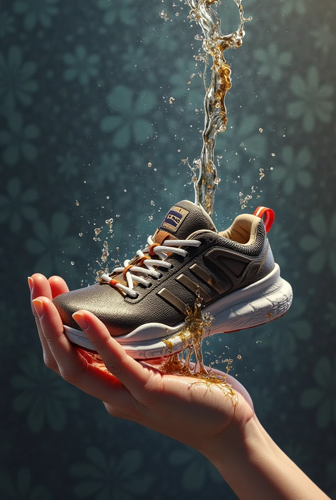 A turquoise lightweight running shoe, suspended on a cultural relic, high definition, 8K,A beautiful photo of a Sanxingdui cultural relic, captured with the essence of time, studio lighting, and post-processing in 8K resolution. The use of Unreal Engine 5 creates stunning details with CGI, SFX, and VFX, providing movie-like shadows and lighting effects. The illuminated environmental setting adds a touch of brilliance, embodying the golden ratio,xianxia，guofeng