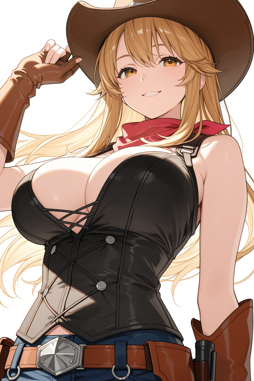 Score_9, score_8_up, score_7_up, source_anime, rating:safe, sfw, safe for work, 1girl, solo, large breasts, jacket, blonde, blue eyes, hellsing, mature, mature female, clothed, lying against fence, leaning on fence, frown, ikuchan, see through, transparent, cowboy hat, red bra, fur trimmed bra, outdoors, lace gloves, shorts, thighs, knotted bra, cowgirl, fence, looking at viewer, front view, farm, standing, farm fence