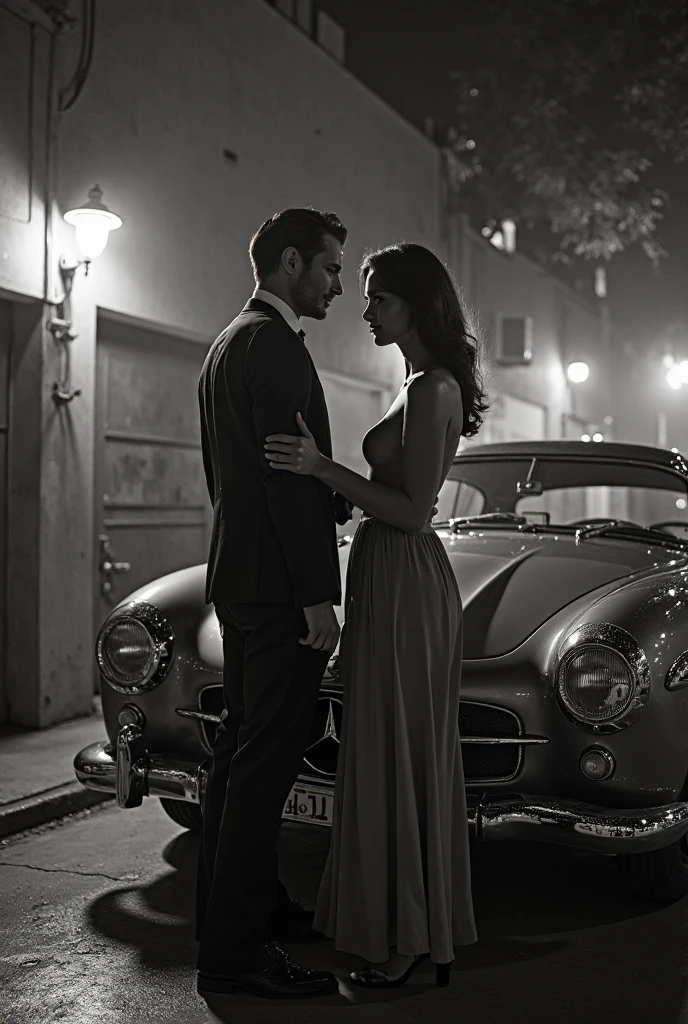 The man in his 45s with black very short hair and smooth face with moustache. The woman in her 45s with brown wavy long hair. The man is wearing an unbuttoned white shirt. The woman is wearing a black low-cut evening dress. In the backseat of the car, the woman is sitting on the man's lap. They have . . Passionate. Side view. Night. Dim enviorment. UHD. HDR. Cinematic.