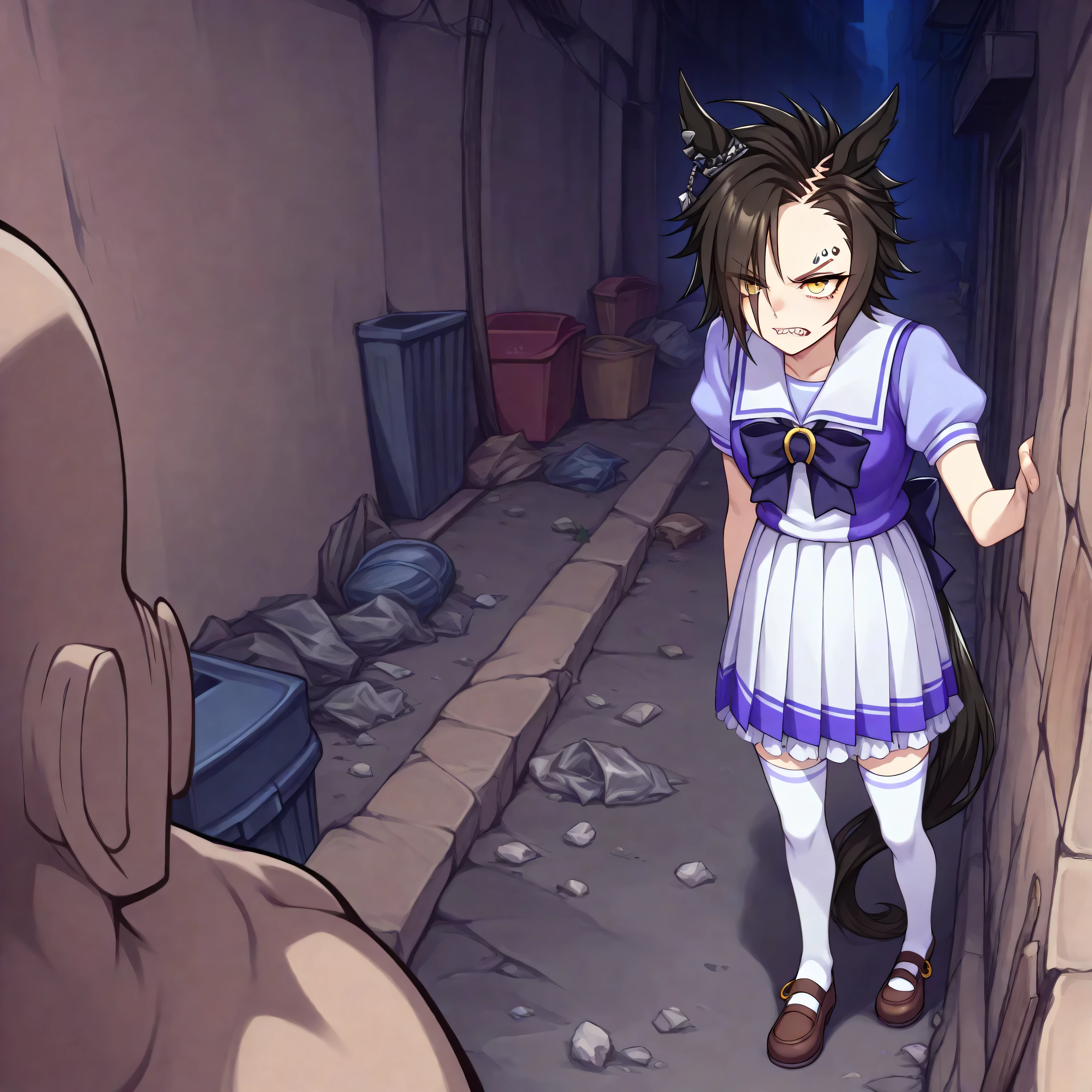 anime, lazypos, medium contrast, dark, high colorfulness, vibrant colors, in alleyway, garbage, trash, dumpster, angry, night, night time, 1girl, solo, airshakurdef, horse tail, sharp teeth, asymmetrical bangs, horse ears, ear ornament, yellow eyes, eyebrow piercing, ear piercing, TracenShort, tracen school uniform, purple sailor shirt, white pleated skirt, white thighhighs, brown loafers, purple bow, puffy short sleeves, surrounded by men, BREAK, many naked men,