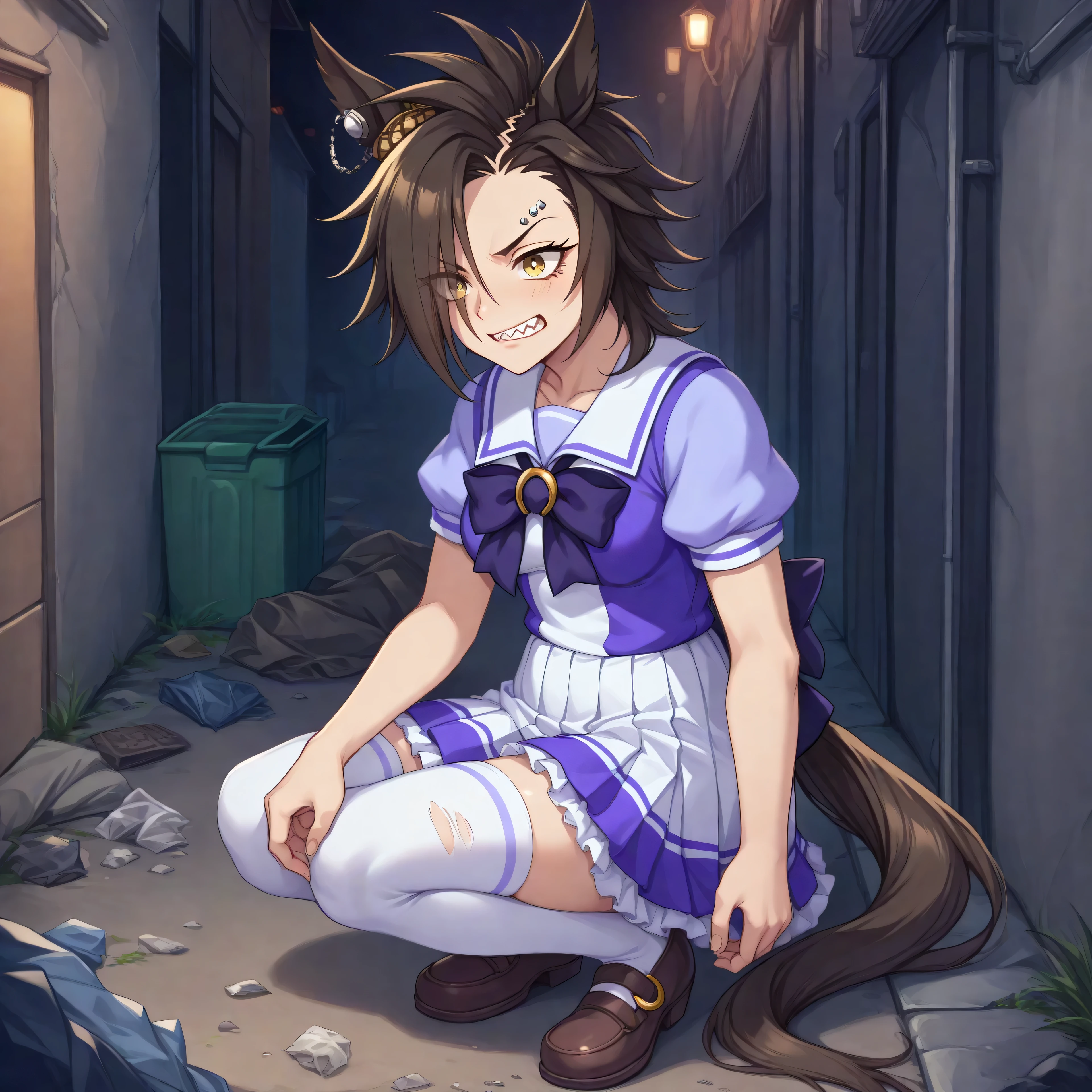 anime, lazypos, medium contrast, dark, high colorfulness, vibrant colors, in alleyway, garbage, trash, dumpster, shocked, night, night time, 1girl, solo, airshakurdef, horse tail, sharp teeth, asymmetrical bangs, horse ears, ear ornament, yellow eyes, eyebrow piercing, ear piercing, torn clothes, TracenShort, tracen school uniform, purple sailor shirt, white pleated skirt, white thighhighs, brown loafers, purple bow, puffy short sleeves, corned by naked men, BREAK, many naked men,