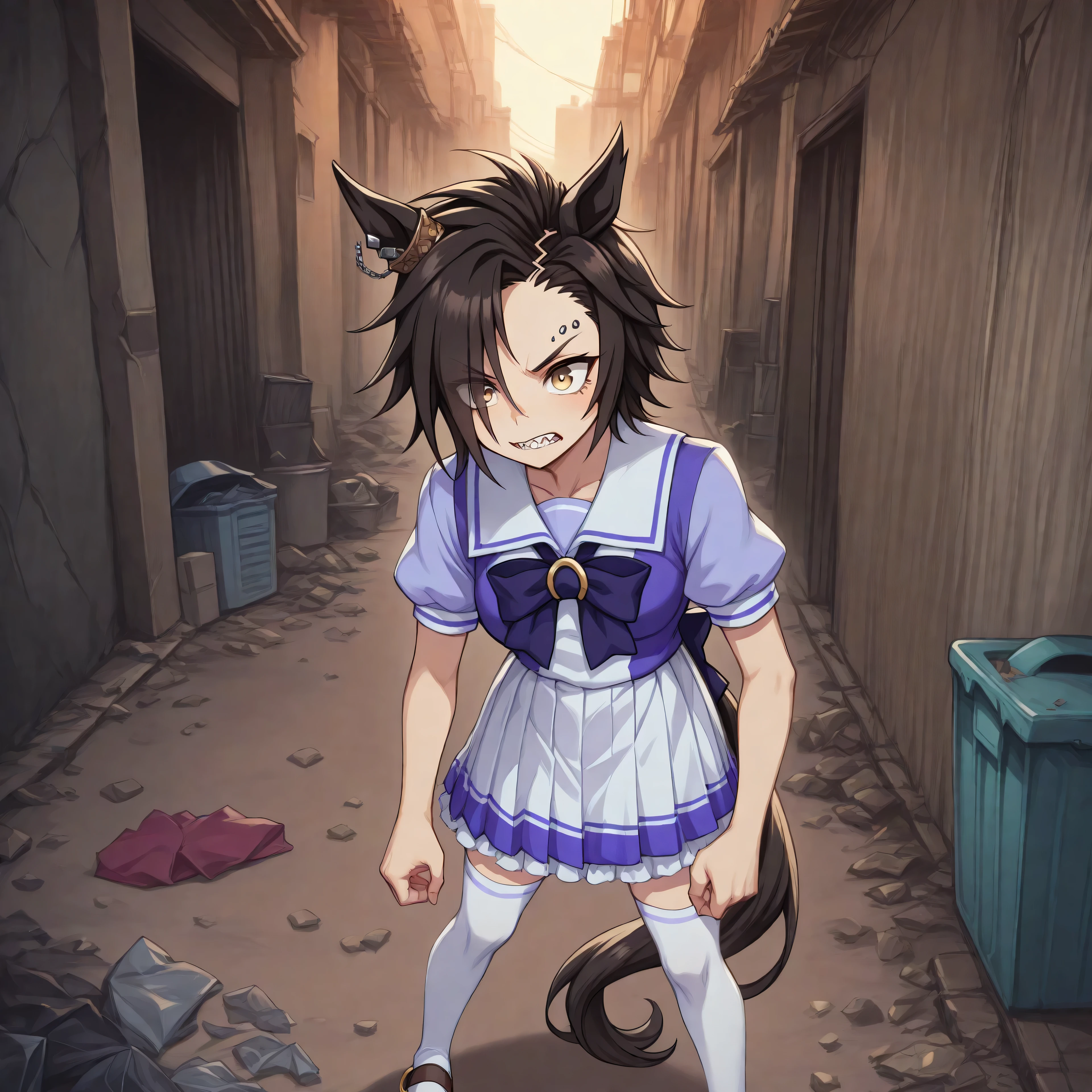anime, lazypos, medium contrast, dark, high colorfulness, vibrant colors, in alleyway, garbage, trash, dumpster, shocked, night, night time, 1girl, solo, airshakurdef, horse tail, sharp teeth, asymmetrical bangs, horse ears, ear ornament, yellow eyes, eyebrow piercing, ear piercing, torn clothes, TracenShort, tracen school uniform, purple sailor shirt, white pleated skirt, white thighhighs, brown loafers, purple bow, puffy short sleeves, corned by naked men, BREAK, many naked men,