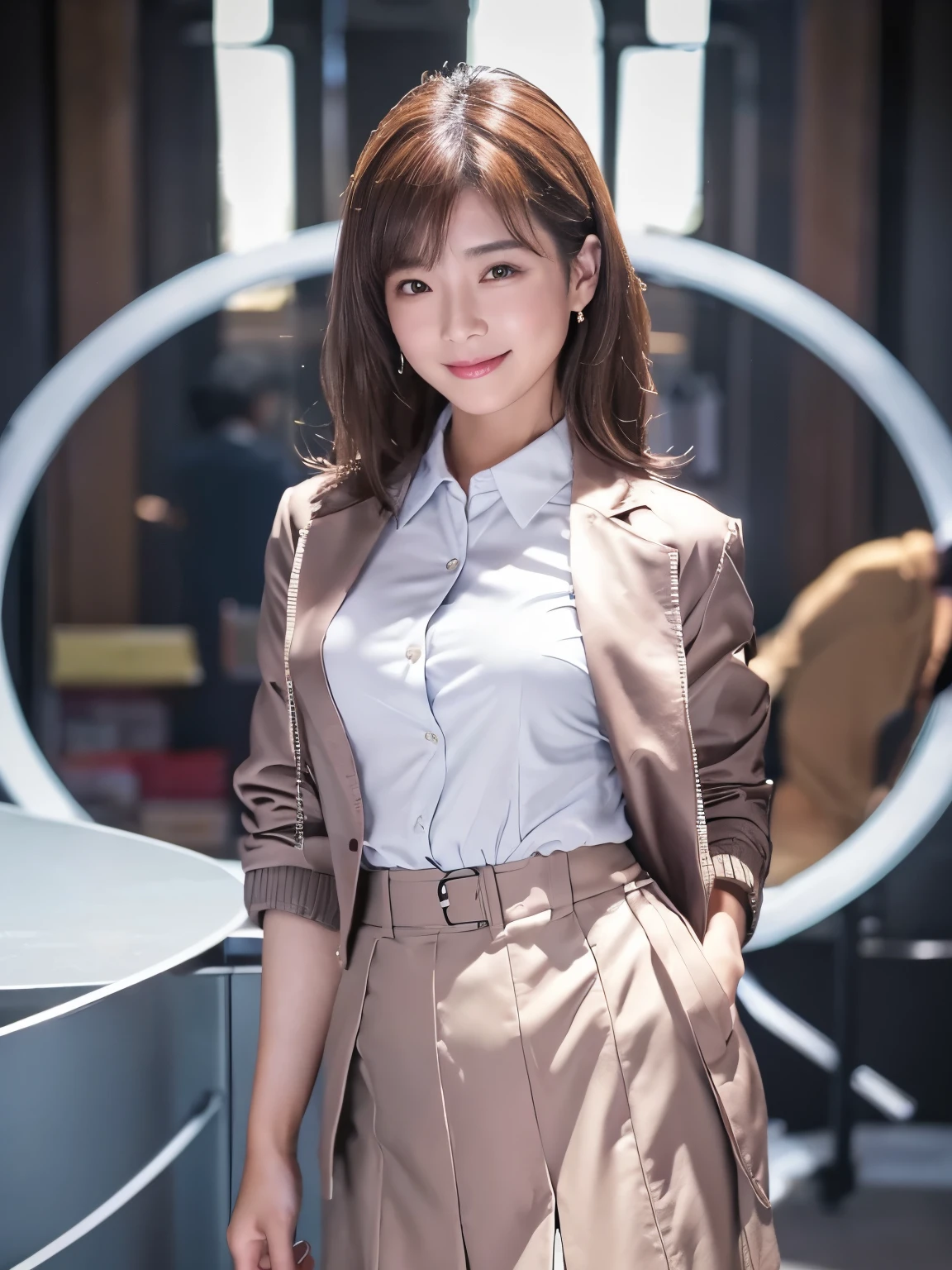 (Highest Quality, High Definition, masterpiece:1.2), very detailed, realistic:1.37, ( Perfect ),1 person, Actress, cowboy shot showing waves, Adorable and beautiful Japanese woman in her late 40s , full body view、very cute face,.smile,Position,(Laughter),Beautiful Eyes,beautiful skin,beautiful hair,small breasts,Silver Hair,Chestnut brown eyes,(Beautiful Eyes),beautiful skin, (office worker blouse, jacket and skirt:1.4),Bob,sf, the background is a cyborg remodeled operating room .