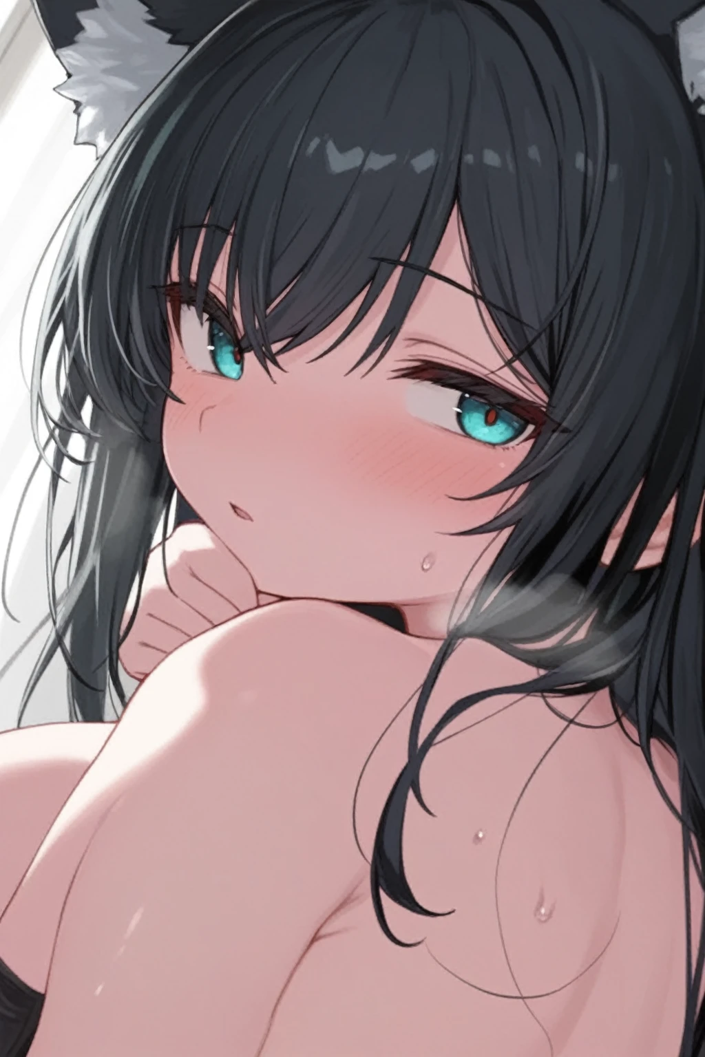 Portrait Face up image Front image woman Beautiful breasts cute No background nude Long black layered hair Blue Eyes