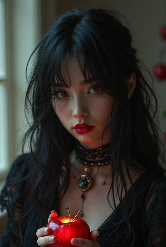 A cute goth girl in a white blouse with a pendant around her neck