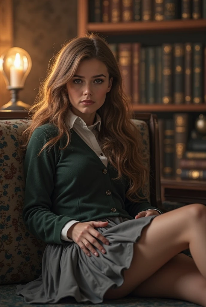 "Hermione Granger standing confidently in a Hogwarts room, dressed as a schoolgirl, very erotic, mini skirt, open blouse, showing her bra and round breasts. She holds a book in one hand, with a wand in the other, ready to cast a spell. The room is filled with shelves of ancient books, glowing candles, and magical artifacts, capturing the mystical atmosphere of Hogwarts. The colors of her uniform represent her house, Gryffindor, with red and gold accents.