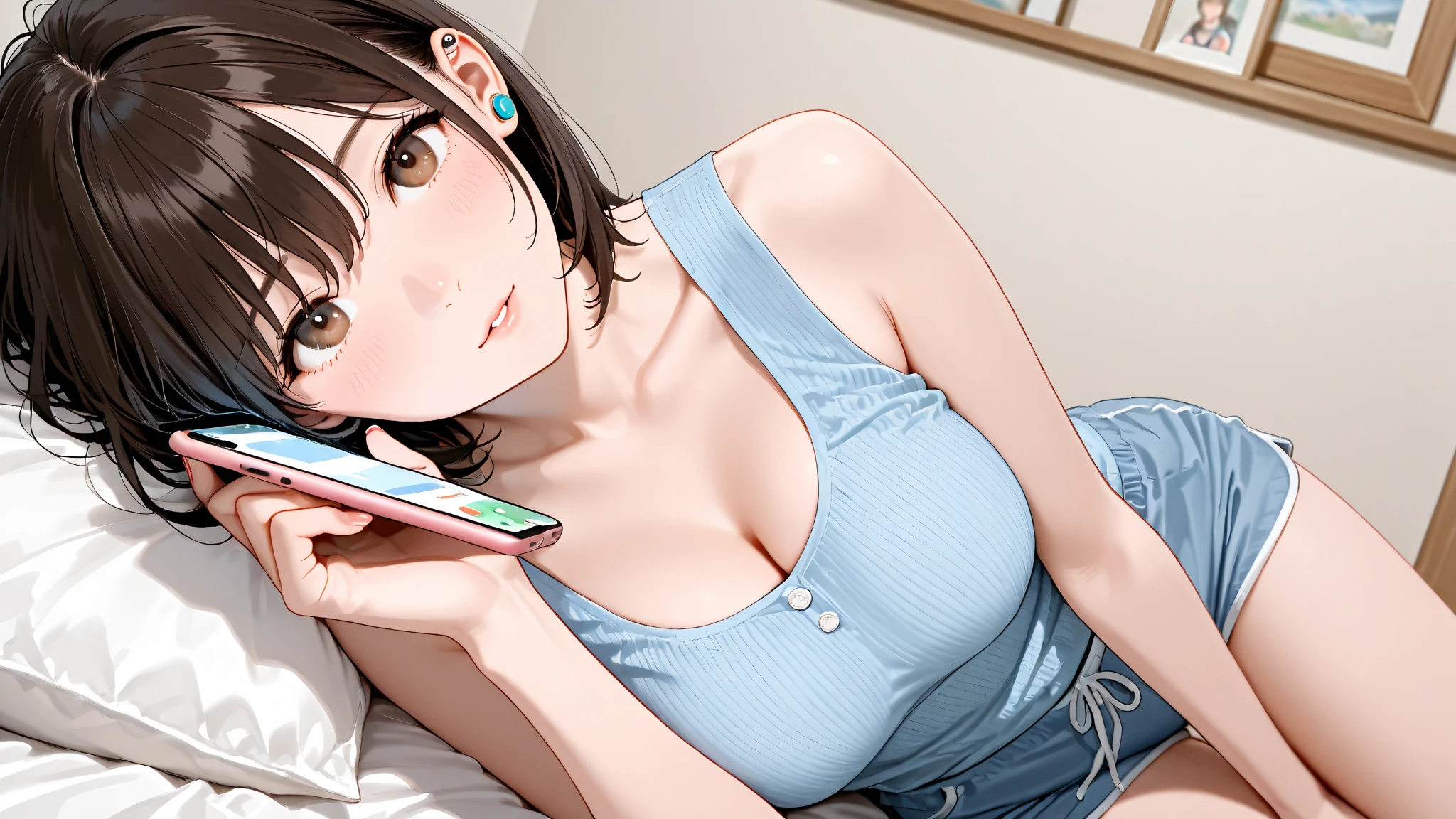 UHD, masterpiece,light brown hair, blunt bangs, red eyes, medium hair,Natural hair,dutch angle,(medium breasts:1.5),(on the screen of smartphone camera app frame:1.5)
,nsfw,(sitting on bed:1.2),profile,phone_screen,head_out_of_frame, (fisheye distorted lens:1.2),open eyes,
pov,(bed room:1.3)
,troubled face,(troubled eyebrows:1.1),(embarrassed,blush:1.1),(close mouth:1.3)
scratching own head