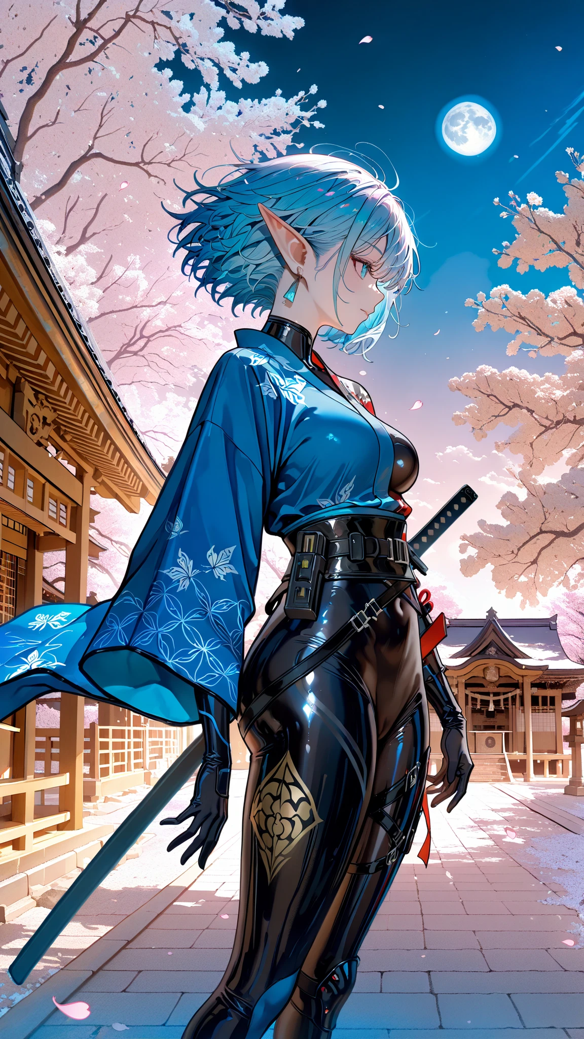 Quality as pictured, masterpiece, RAW pictures, Female Elves by Chen Dingbo, asymmetrical kimono bodysuit, kimono sleeve design on one side only, blue and black gradation, wind accent on the waist, Jet black combat bow, Japanese pattern drawn with gold leaf, Posture, Cool profile, Precinct of an Old Shrine, Full Moon Night, fluttering cherry blossoms