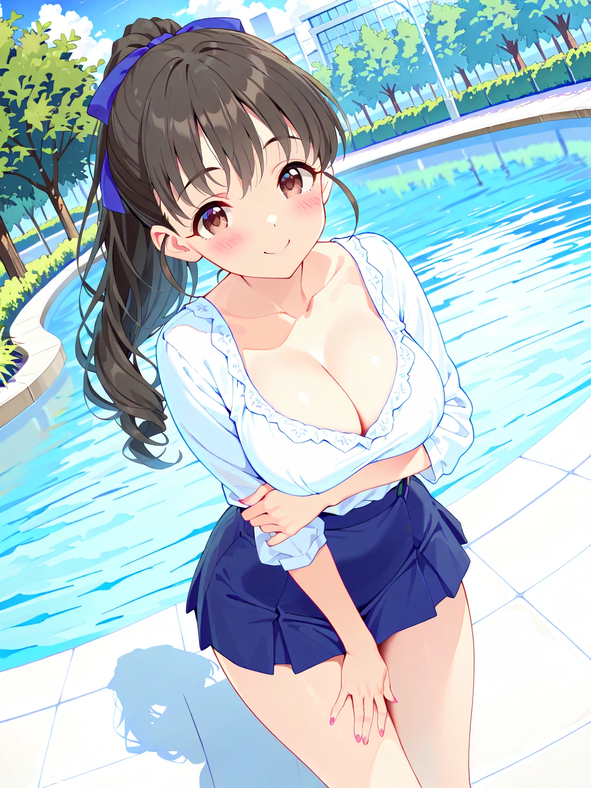 (masterpiece), best quality, (16k), expressive eyes, perfect face, office lady, 1 girl, solo, huge breast, navel, ((topless)), (((wet cobalt blue solid pencil mini skirt))), bare arms, bare legs, shiny skin, wet body, indoors, in the pool, wading, brown hair, lower ponytail, wet hair, brown eyes, walking, sad, :o, (cowboy shot),