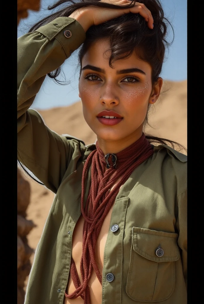 Indian girls in tight and fit military clothes, top buttons of their shirts open, with big breasts and big breasts, are sitting in the desert.