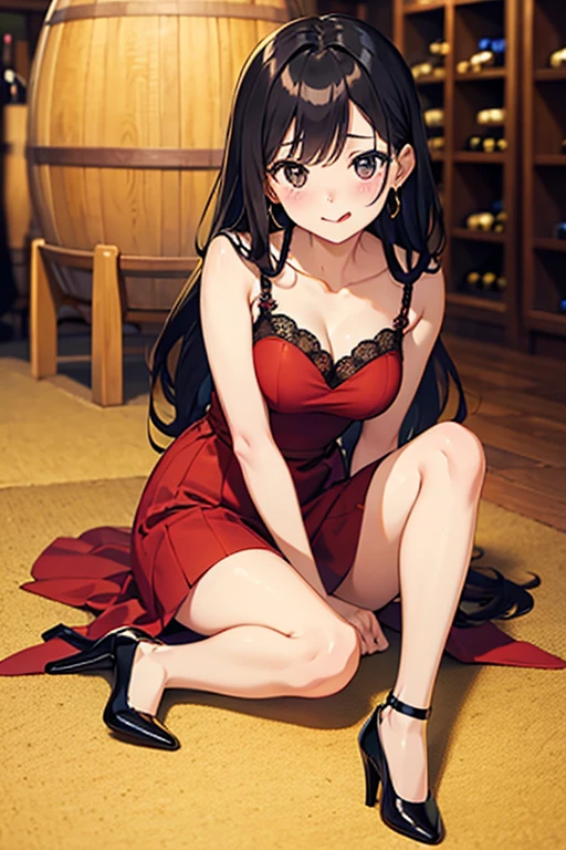 HM, 1girl, solo, portrait, sitting, bar, drinking wine, legs crossed, red dress, big lips, perfect quality, good quality, masterpiece, HDR, UHD <lora:Haruka Minato:0.8>