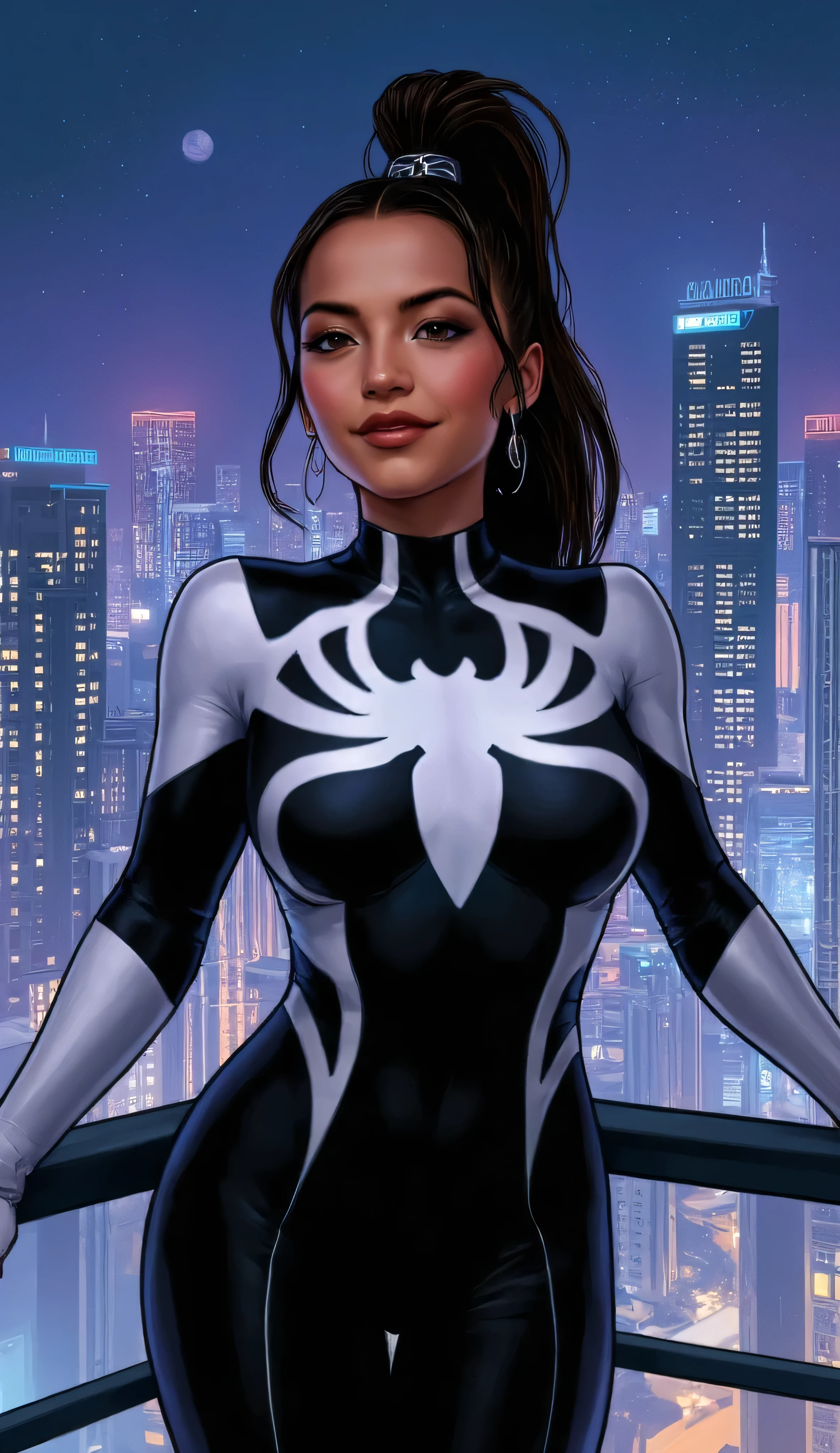 Isabela Merced as Spider-Girl, Anya Corazon, Marvel universe, warm brown skin, long brown hair in a high ponytail, standing confidently, high-rise balcony, overlooking a modern city skyline, sleek black-and-white superhero catsuit with a large white spider emblem on the chest, inspired by Spider-Man’s symbiote suit, form-fitting, glossy, futuristic, smooth highlights and shadows, contours, smiles warmly, charm and confidence, bright, clear nighttime sky, skyscrapers in the background, highly detailed, clean illustration style, sharp linework, vibrant colors, dynamic elegant composition