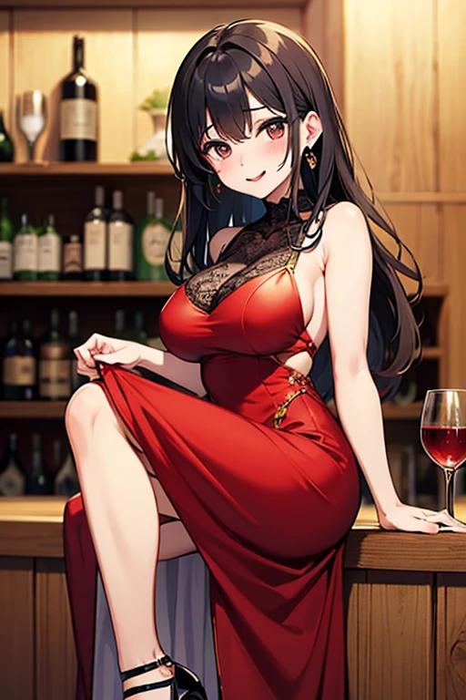 Adult female, milf, busty, hidden hourglass figure, sexy red dress, messy and long black hair, golden yellow irises, defined black pupils, passionate, blushing, casino, drinking wine at bar, sitting at bar, night, perfect eyes, highly detailed, best detail, high quality