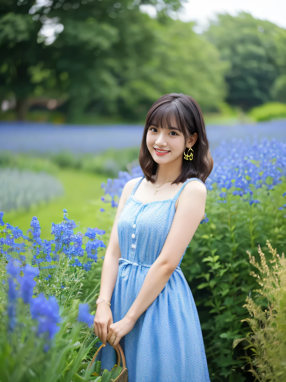 Japan person, glasses, 1 8 years old, female college student, sleeveless dress ((dark blue), (knee-length tight dress)), 1 sandal (Akiko Takase, Kazue Kato, , Aya Takano, Etsuko Miura, Chinko, Tsugumi Oba, Chiho, Rinko Kawaichi, Takeyuki Kanda), Height 158 cm, weight 53 kg, bust 83 cm (D cup), waist 61 cm, hips 86 cm, The character is naïve, black to the shoulders, bangs, Sweaty skin, woman holding an umbrella, solo, whole body, rainy weather, surrounded by colorful hydrangeas in full bloom