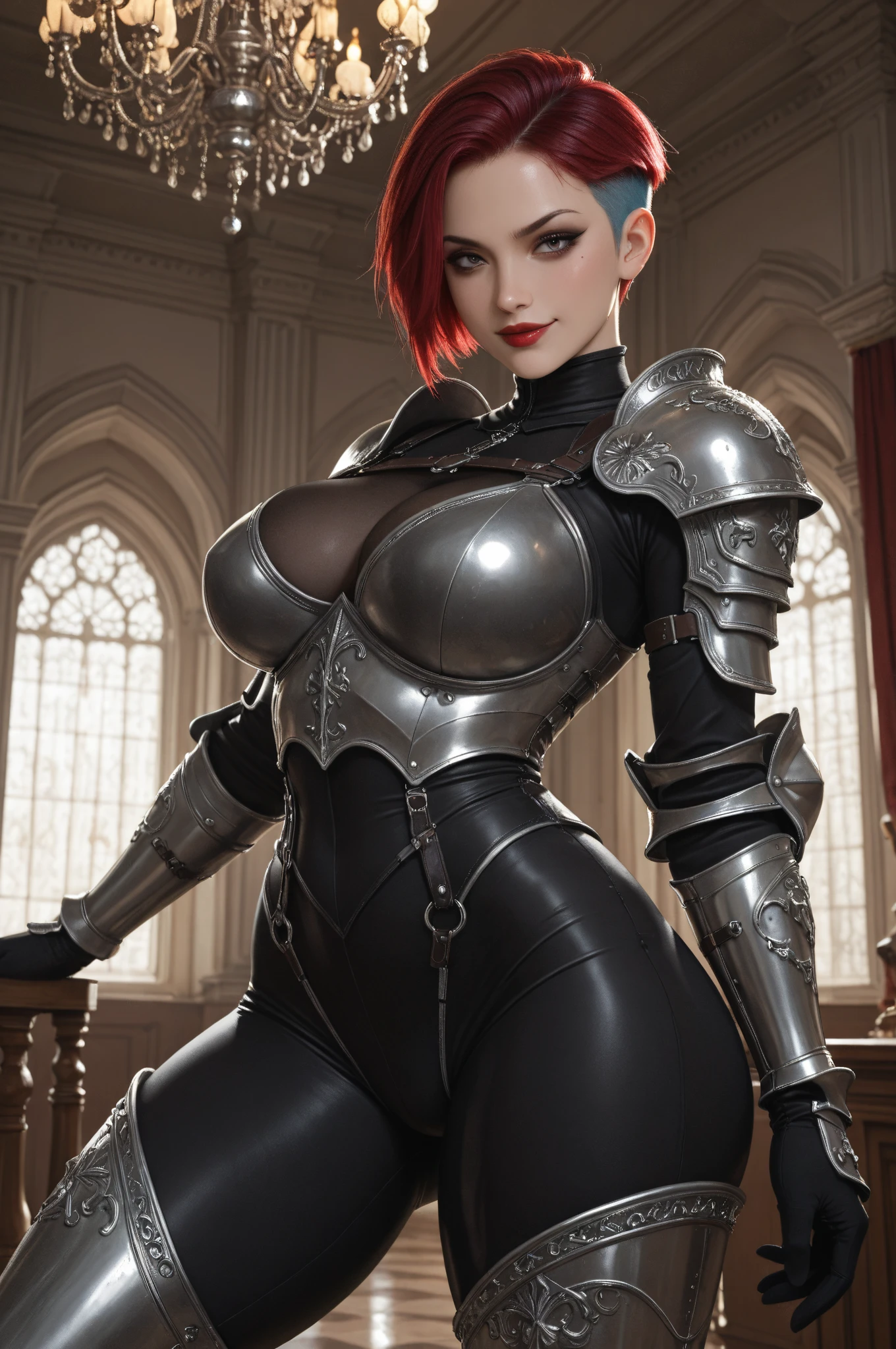 Nipples　Big Breasts　Pussy　Leg spread　Anal　8K, (Super detailed,High resolution,dark,Fantasy:1.2), Red Short Hair, Black chest open armor , Warrior, Medieval town, darkness, amazing, Surrealism, Upper Body, (big :1.2), amazing, tell a story,darkness , worst, that&#39;it&#39;s raining, Huge breasts，armor，Pink Hair，Remains， Whip