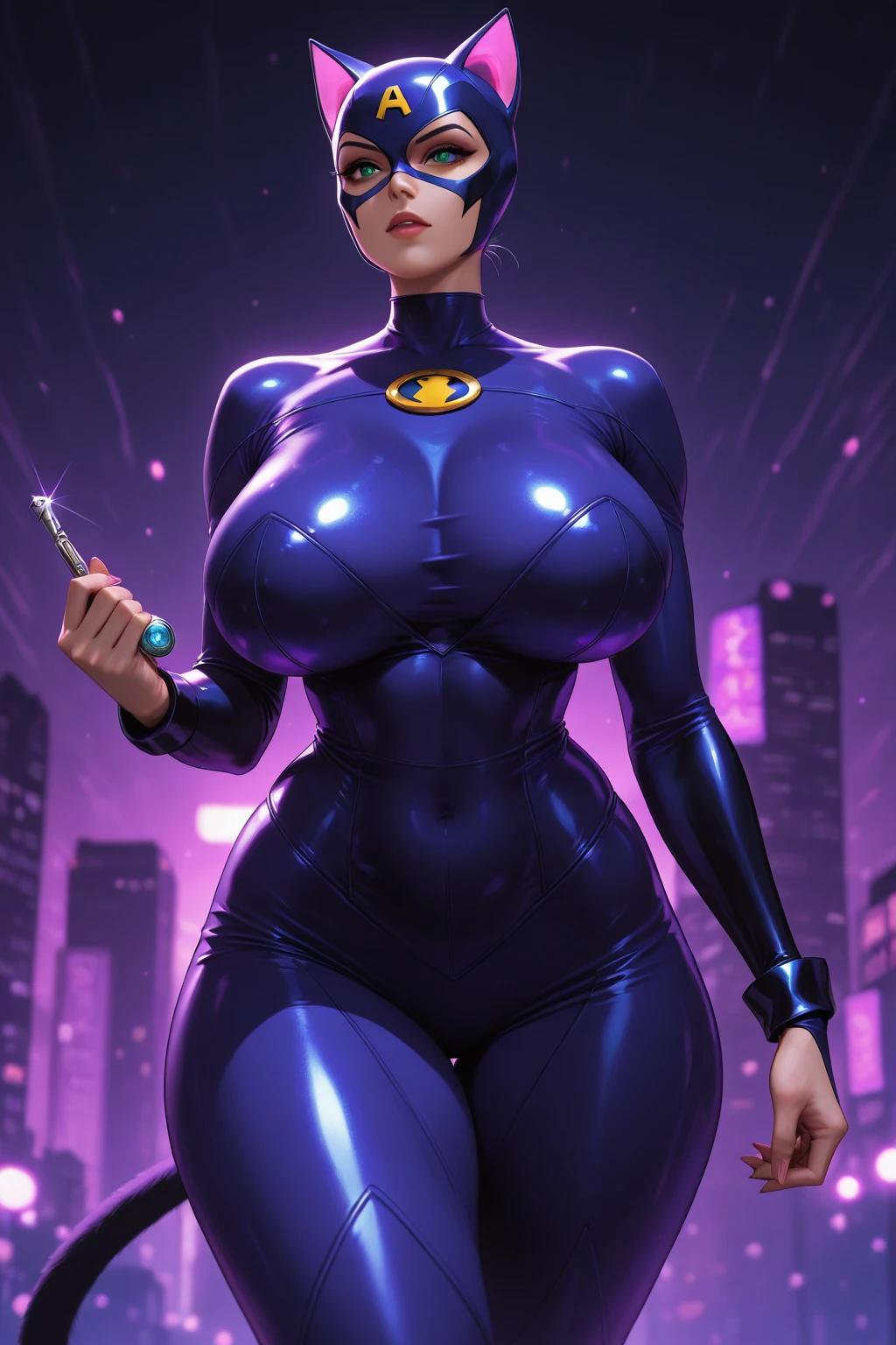 Lean fit agent honeydew girl from the dark knight stands imposing in a gothic lost city. Blue bodysuit, black hair, (gigantic breasts), Moonlight highlights her fit and lean figure. Slender hips, (hip dips), intricate bodysuit, logo on shoulder, (black utility belt), The scenery is grim and mysterious, with futuristic tech and surroundings. The camera details everything, (((masterpiece)))
