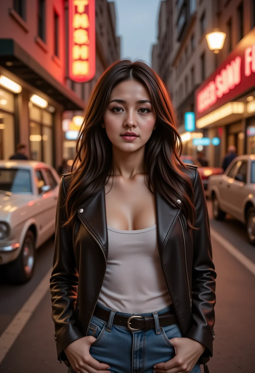 Best quality, realistic, from the front in first person, on the streets of Los Angeles, (a female mexican Supermodel), (sexy blue leather jacket:1.1), split, seductive smile, (dark hair), (hairstyle:1.0), Perfect eyes, sharp parts, detailed face, face-makeup, cheeks turn red, Eyeliner, eyeshadow, lip gloss, leather pants, boots, Supermodel, (Deep Focus), (hard lighting), (Night time), (realistic lighting:1.0)