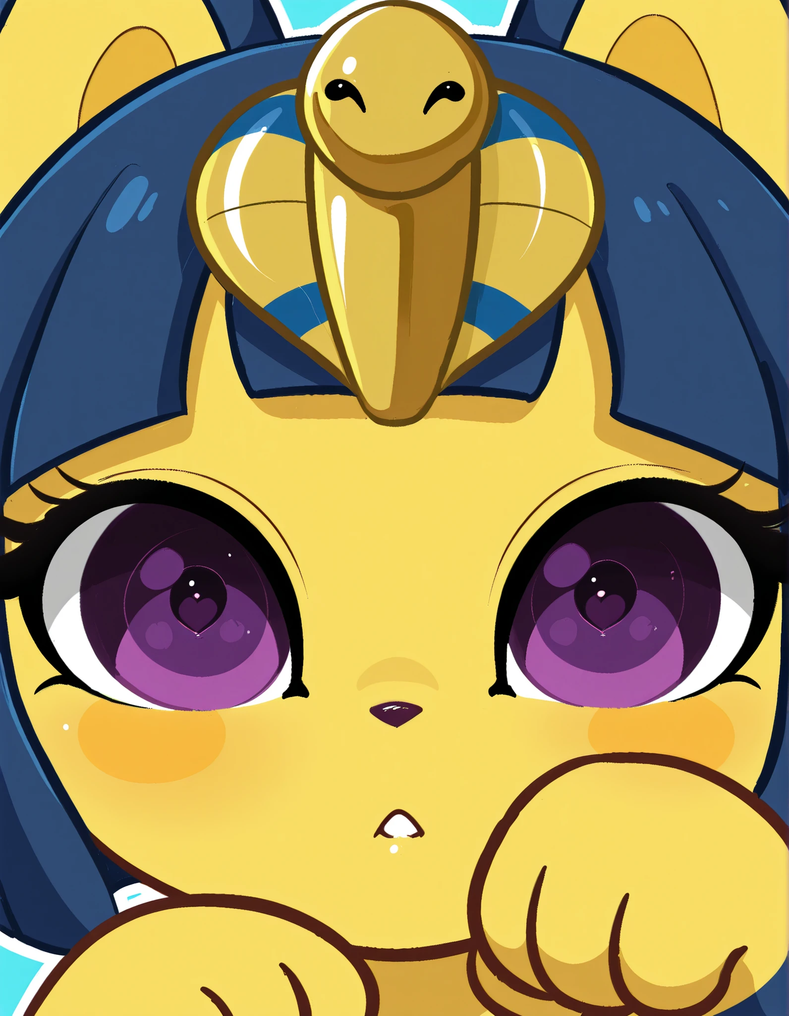 KittyRosie75, flat_color, outline,, depth of field, 1girl, furry, ankha \(animal crossing\), expressionless, eye reflection, yellow background, yellow theme, blue background, desert,, purple eyes, glowing eyes, wide-eyed, paw pose, looking at viewer, close-up, parted lips,