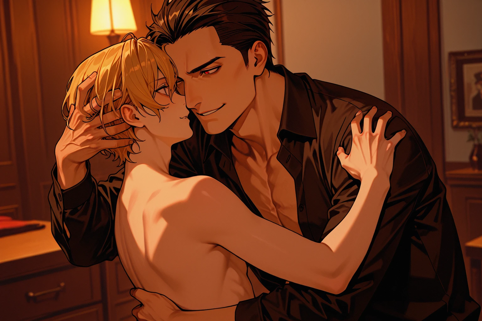 score_9, score_8_up, source_anime, standing, hellsing, seras, blonde hair, nude, indoors, night, night sky, nighttime, vampire, smirk, fangs, ikuchan, balcony, town background, clothed, male wearing shorts, muscular male, medium breasts, boyfriend, couple, sfw, looking at viewer, faceless male, dark skinned male, cuckold pov, ntr, netorare, standing side by side, standing, cuckolding, cuck, 1girl, 1boy, solo focus, ((duo focus)), black haired male, interracial, BLACKED, bbc, raceplay, smug, humiliation, ((faceless male)), ((size difference)), tall male, ((duo)), embrace, embracing, ((dark skinned male))), sling bikini, bulge,  rating:safe, navel, short dress, red sling bikini, side view