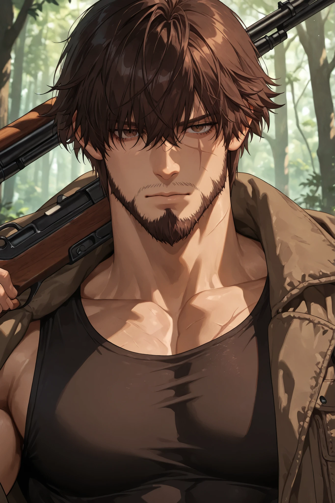 muscular mature man, rugged handsome, thick dark brown messy hair with long bangs falling over forehead, deep brown eyes, scar across face, stern expression, short tough beard, worn hunting jacket, dark clothes, holding shotgun, smuggler and hunter, deep forest, half upper body close-up, masterpiece, FF14(meteo), semi-realistic, “one frame”, portrait