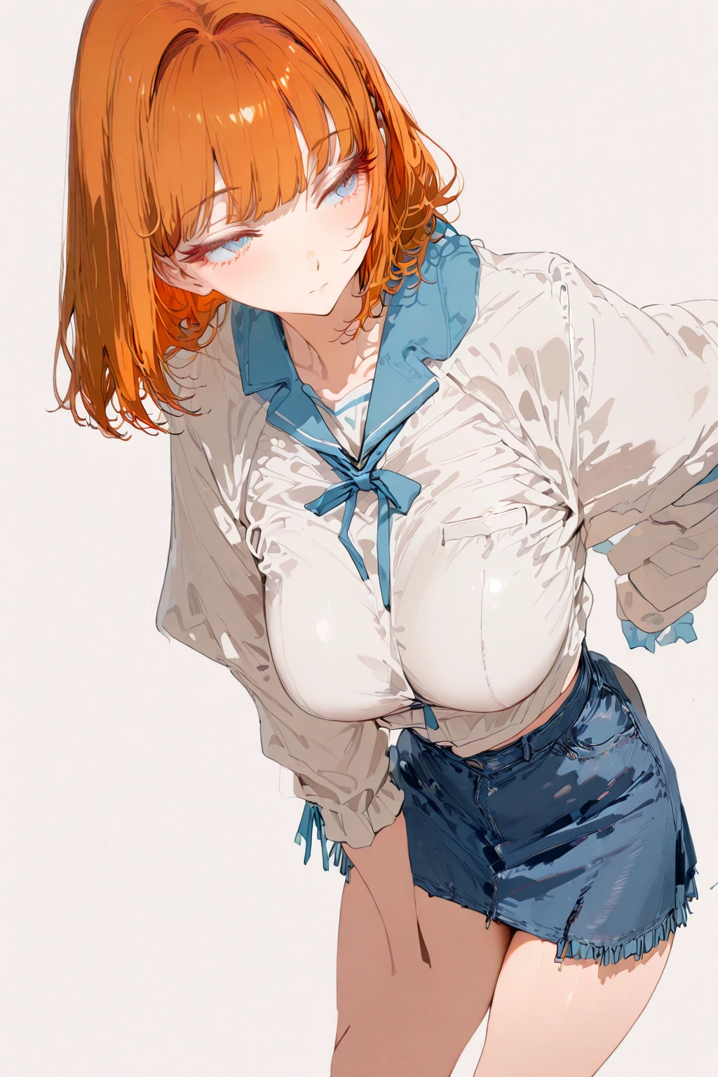 Solo, kousaka honoka, blue eyes, breasts, blush, short_hair, bangs, skirt, large_breasts, shirt, cleavage, bare_shoulders, collarbone, moist skin, off_shoulder, clenched_hands, yellow_shirt, (pressing her breasts:1.2) ,sweaty, thighs, thigh strap, chocker , tongue out , saliva
