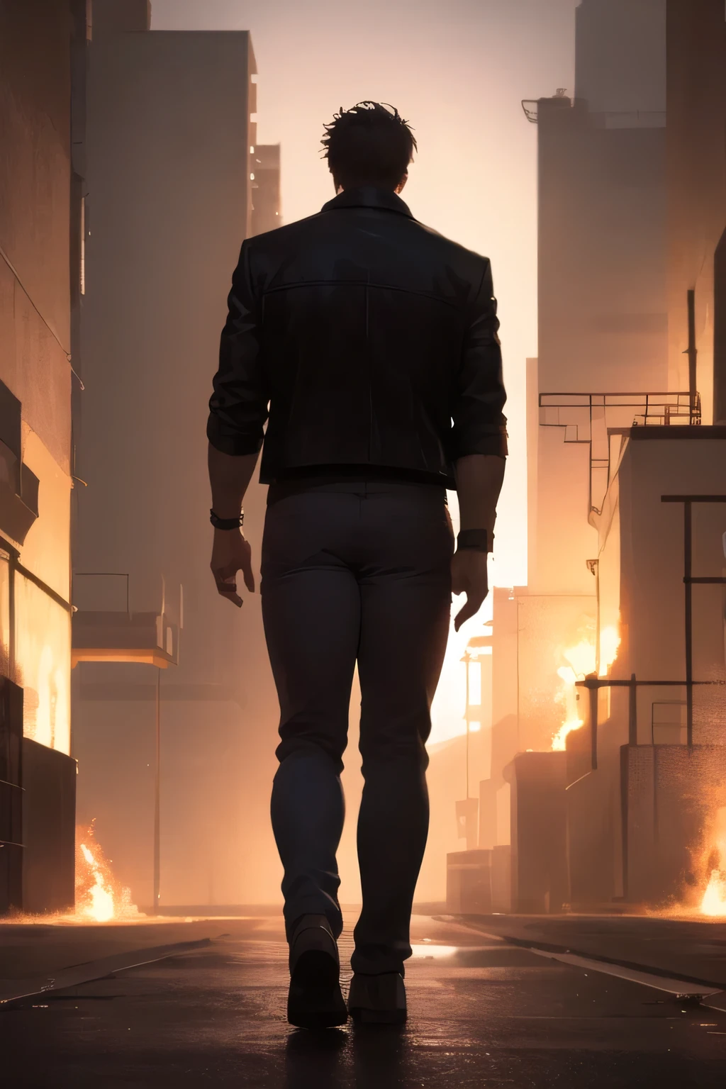 can you draw a big man in a black leather jacket in alert mode exploring the vicinity of a blast furnace at night，,周囲を観察する警戒態勢の表情の   maleを描いてください,use cinematic lighting and ray tracing  ，An all-back man with facial damage,黒い髪,   male,  male,,use cinematic lighting and ray tracing ,standing full body,please draw a more delicate expression,can you draw an alert mode exploring a factory in alert mode，Please draw a more delicate expression，Can you accurately draw details of human arms and legs {X} The face is a top priority，reality，