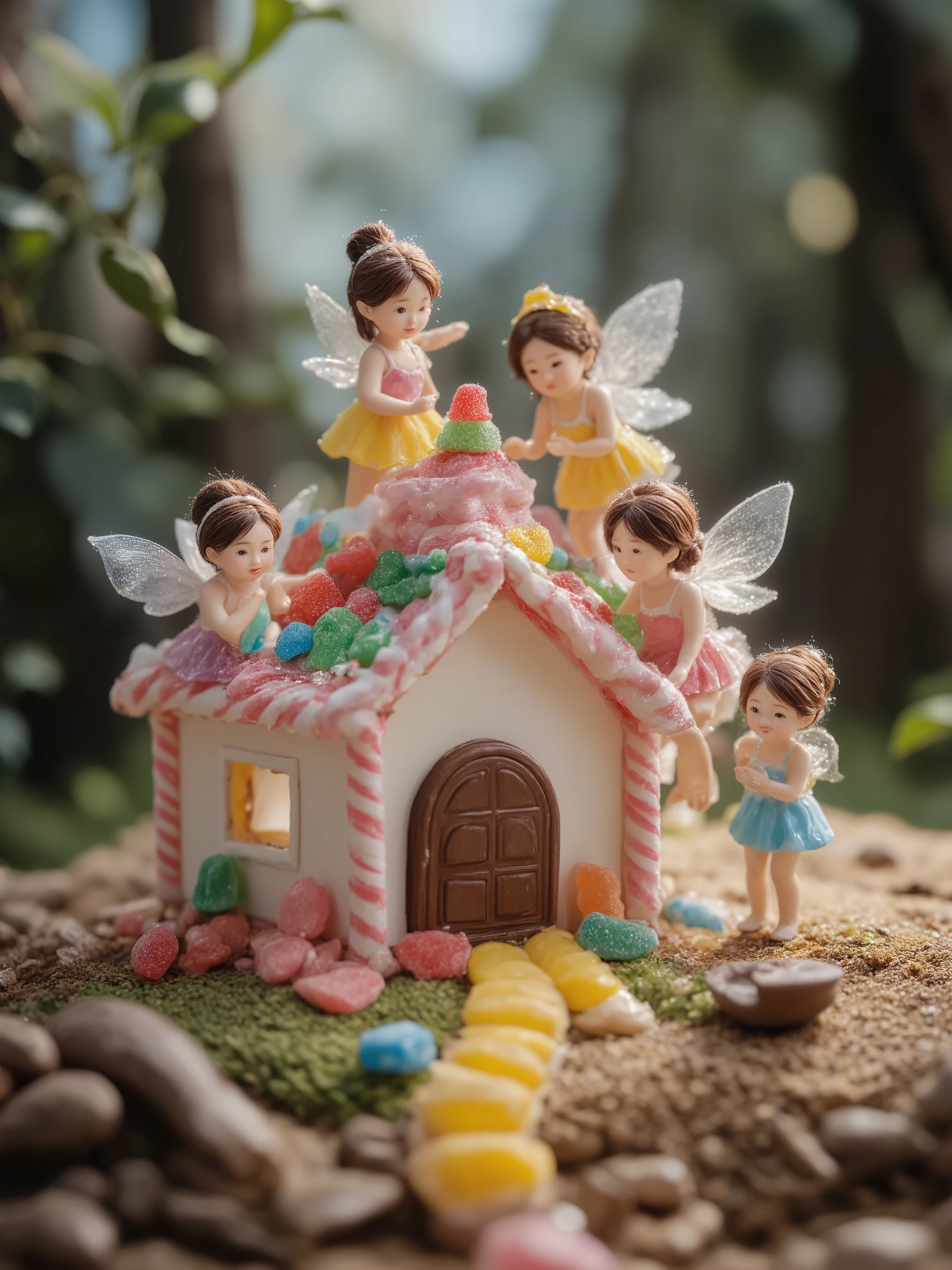 Four small fairy girls with translucent wings work together to assemble a house made of candy. Each fairy wears a pastel-colored dress and has a glowing aura around them. The candy house features pink and white striped candy canes as support beams, red and green gummy bears as decorative elements, chocolate bars as roof shingles, and a yellow lemon-drop pathway leading to a brown chocolate door. The scene takes place in a misty forest clearing with soft moonlight filtering through tree branches overhead. Studio photography with soft diffused lighting and shallow depth of field against a dark background.