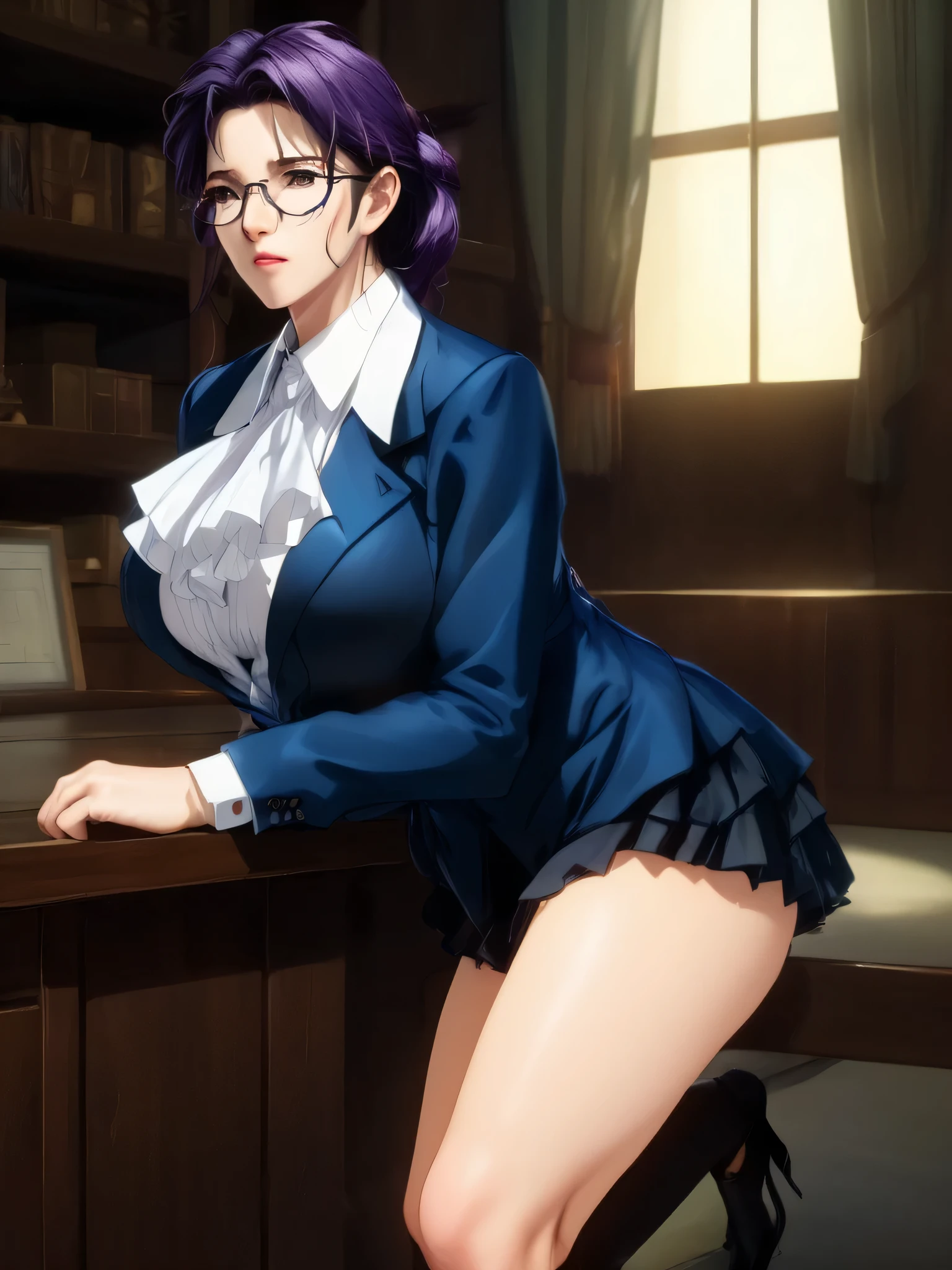 Sexy woman, mentor, teacher, empty room, alone, secretive, risky, mischievous, seductive, sultry pose, lustful look, revealing clothes, stripping, unbuttoning