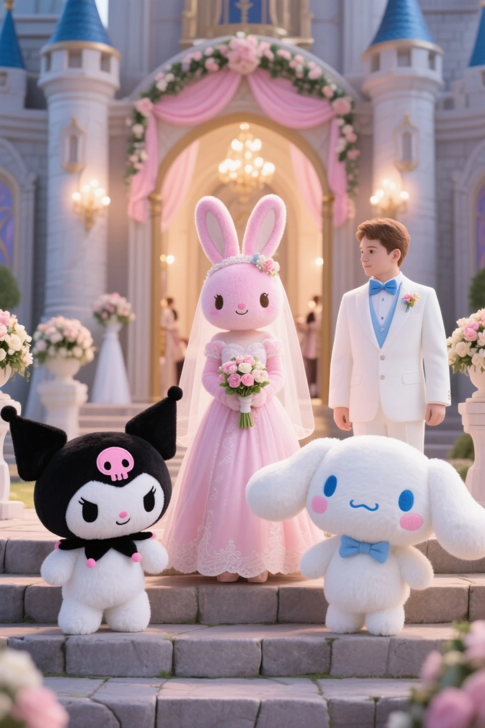 1 young man,pink hair,Swipe left,Big bunny ears on the head,red eyes,Bright atmosphere,lucrative,smile,cute,cake,white rose garden,pink dress,trousers,Stockings above the knee