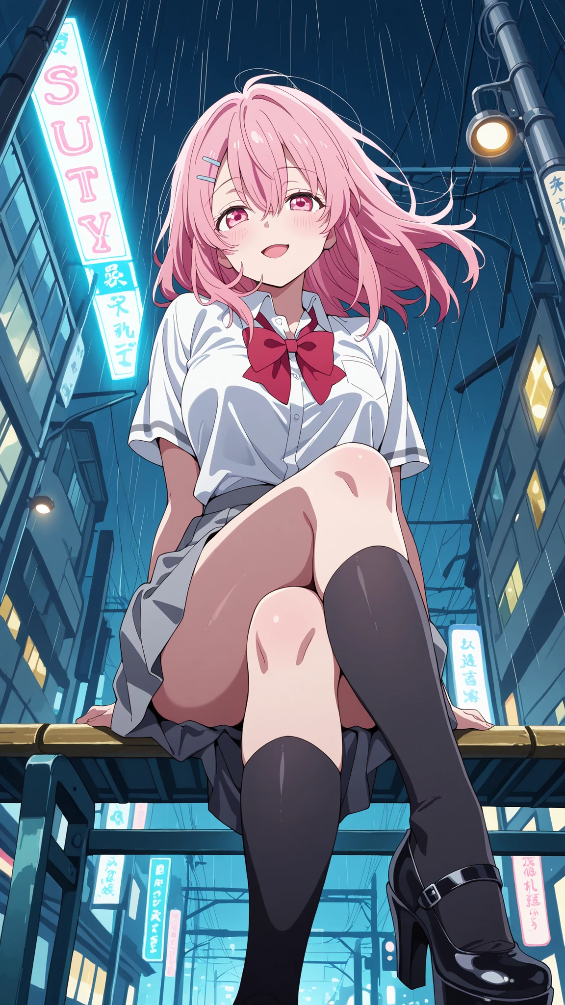 BREAK (masterpiece:1.2), best quality, high resolution, unity 8k wallpaper, (illustration:0.8), (beautiful detailed eyes:1.6),Empty neon-lit street in Tokyo,
puddles reflecting colorful signs,
soft rain falling, steam rising from vents,
distant train lights passing on elevated tracks,
anime cinematic style, high detail,
moody and atmospheric,minami kotobuki, long hair, bangs, hair ornament, hair between eyes, pink hair, hairclip, medium hair, pink eyes, medim breasts,shirt, bow, school uniform, white shirt, short sleeves, collared shirt, bowtie, red bow, grey skirt,blush, expression,looking at viewer,cowboy shot,seductive pose,floating hair,sitting on bench,cross legs,from below,sexy platform heels,smile,open mouth