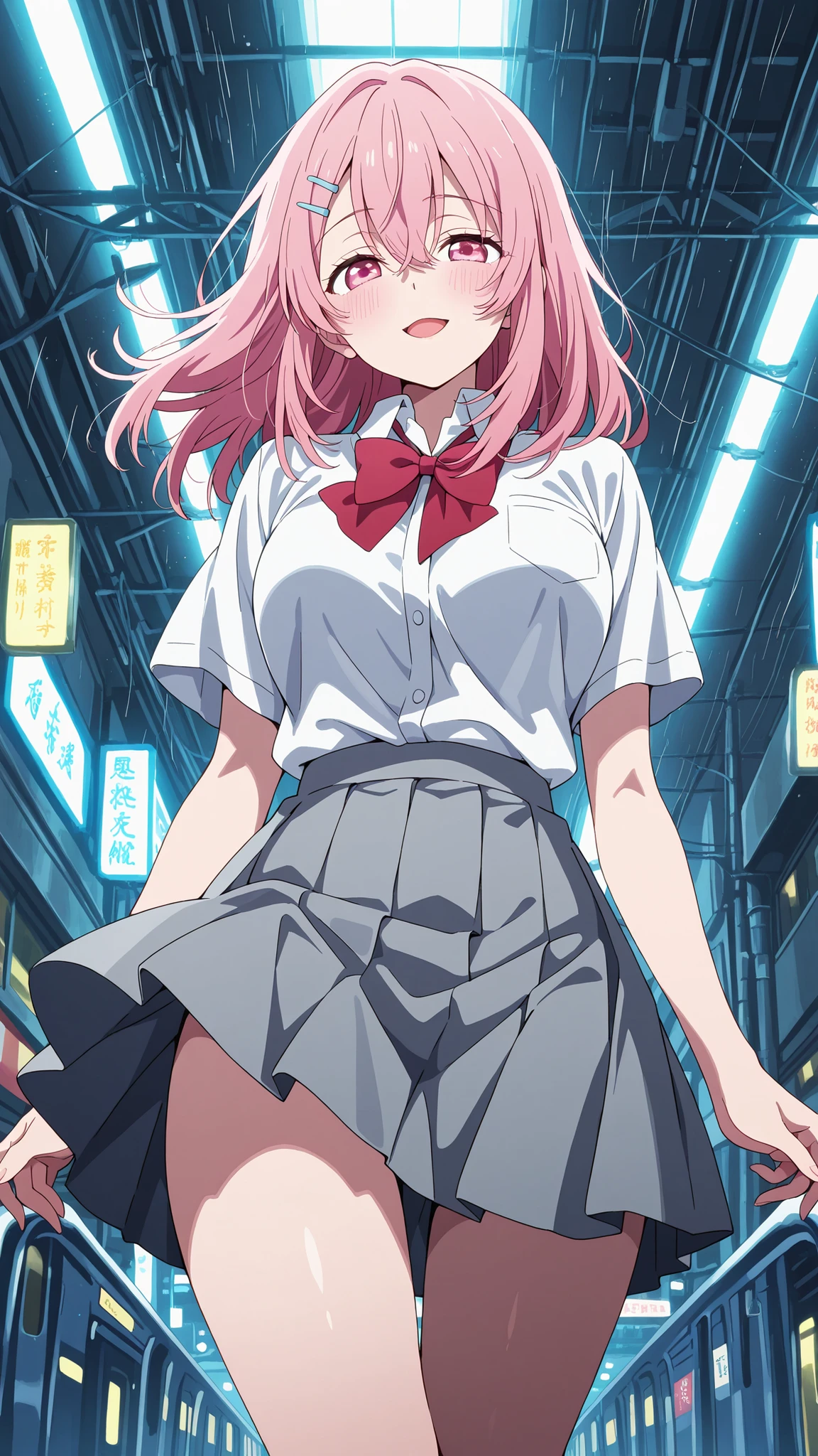 BREAK (masterpiece:1.2), best quality, high resolution, unity 8k wallpaper, (illustration:0.8), (beautiful detailed eyes:1.6),Empty neon-lit street in Tokyo,
puddles reflecting colorful signs,
soft rain falling, steam rising from vents,
distant train lights passing on elevated tracks,
anime cinematic style, high detail,
moody and atmospheric,minami kotobuki, long hair, bangs, hair ornament, hair between eyes, pink hair, hairclip, medium hair, pink eyes, medim breasts,shirt, bow, school uniform, white shirt, short sleeves, collared shirt, bowtie, red bow, grey skirt,blush, expression,looking at viewer,cowboy shot,seductive pose,floating hair,floating skirt,from below,sexy platform heels,smile,open mouth
