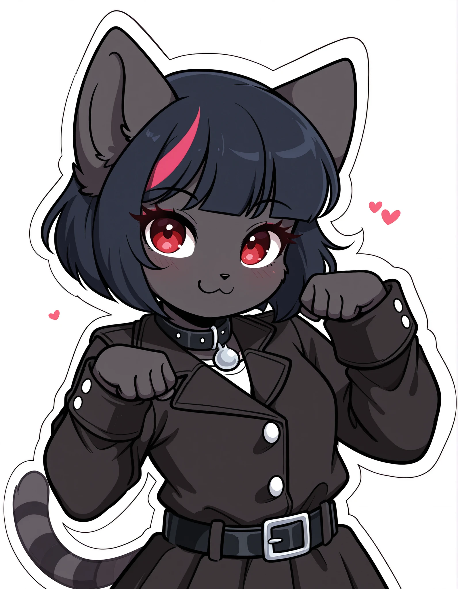 KittyRosie75, flat_color, outline,, masterpiece, best quality, very aesthetic, 1girl, solo, white background, looking at viewer, portrait, paw pose, :3, furry female, cat girl, animal ears, black hair, short hair, black skin, red eyes, cat tail, black jacket, buttons, long sleeves, black belt, collar, masterpiece, best quality,