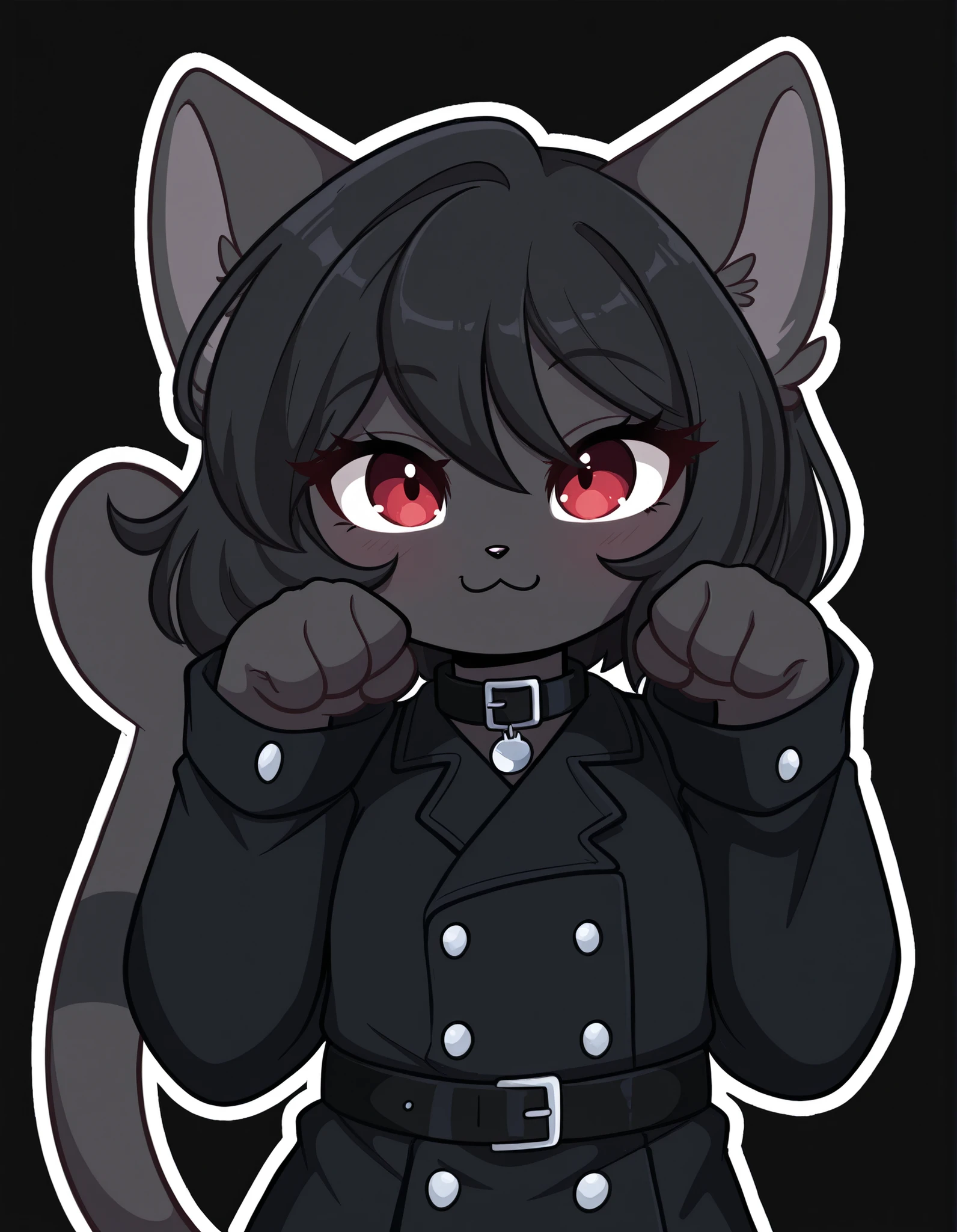 KittyRosie75, flat_color, outline,, masterpiece, best quality, very aesthetic, 1girl, solo, white background, looking at viewer, portrait, paw pose, :3, furry female, cat girl, animal ears, black hair, short hair, black skin, red eyes, cat tail, black jacket, buttons, long sleeves, black belt, collar, masterpiece, best quality,