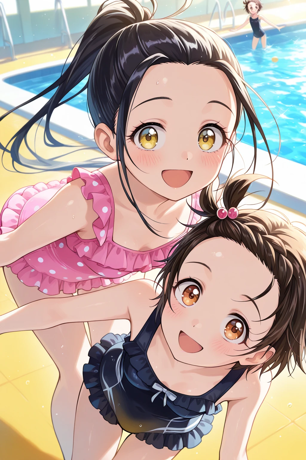 Highest quality、High resolution、Detailed Background、(Beautiful face in every detail:1.4)、Anatomically correct、(Detailed facial expressions)、(Fine grain:1.2)、Teenage Beauty、cuteカラーの髪色、Braided Ponytail、Braided bob cut、Braided twin tails、Navy School Swimsuit、(Flat Chest)、Perfect body line、Thick thighs、Please show me your whole body、
(Five beautiful girls in school swimsuits having fun in the school pool:1.5)、
Big smile、Laughing with your mouth open、My whole body is wet、Hair is also wet、Fun atmosphere、Embrace each other、cute仕草、cute
