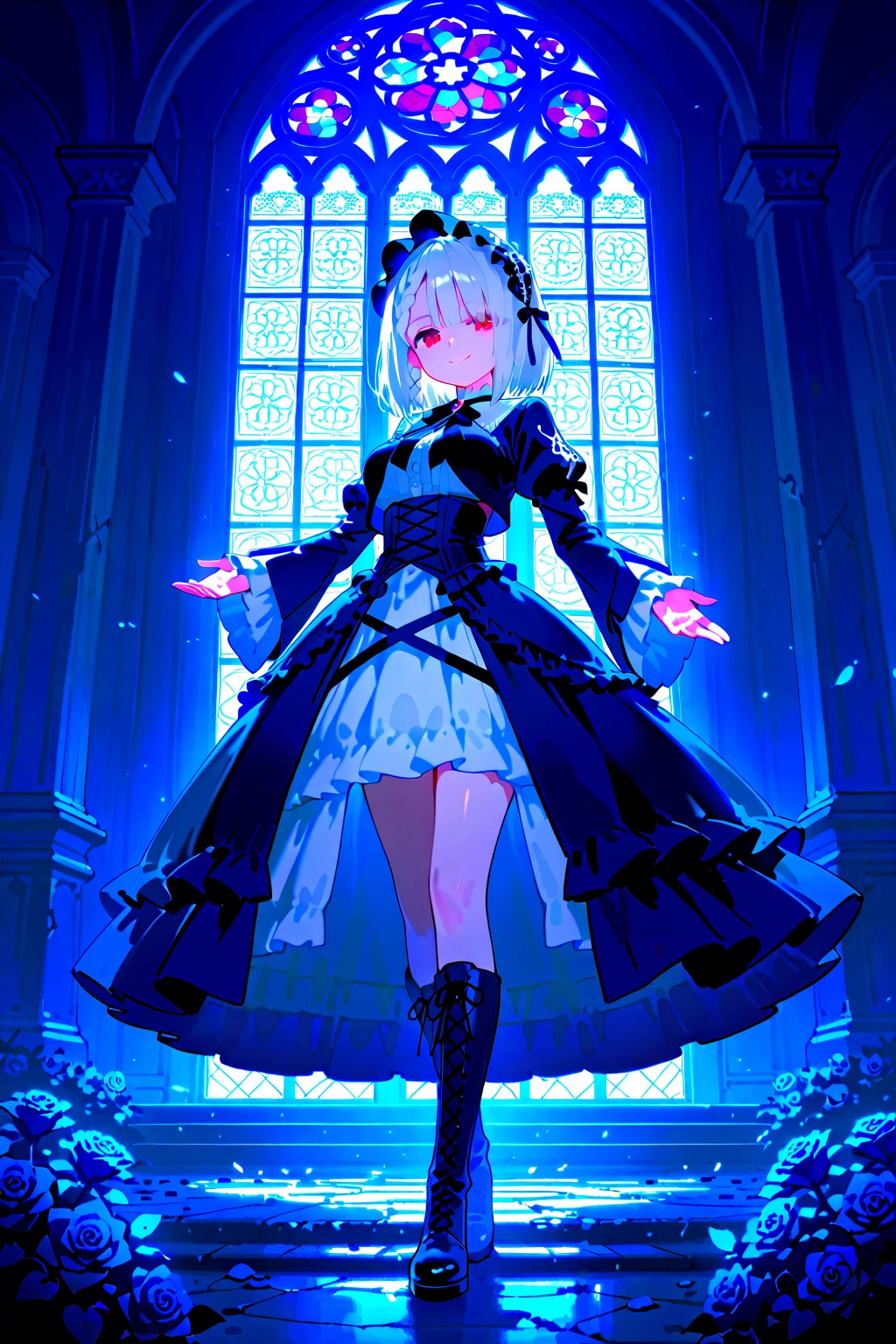 (1girl, NSFW, neferpitou, beautiful girl, beautiful face ((neferpitou)), look at viewer, humiliated, front face, rem, blue eyes, blue hair, hair ornament, hair over one eye, hair ribbon, short hair, x hair ornament apron, black ribbon, black skirt, black sleeves, detached collar, detached sleeves, flower, frilled apron, frilled skirt, frills, head wreath, long sleeves, maid, miniskirt, neck ribbon, purple ribbon, ribbon, ribbon trim, ribbon-trimmed sleeves, roswaal mansion maid uniform, short hair, skirt, thighhighs, waist apron, white apron, white thighhighs,, huge ass, wide hips, large breasts, blush, sweat, realistic, huge breasts), (beautiful, masterpiece, super detailed, perfect lighting, shiny), (white wall, low angle,
