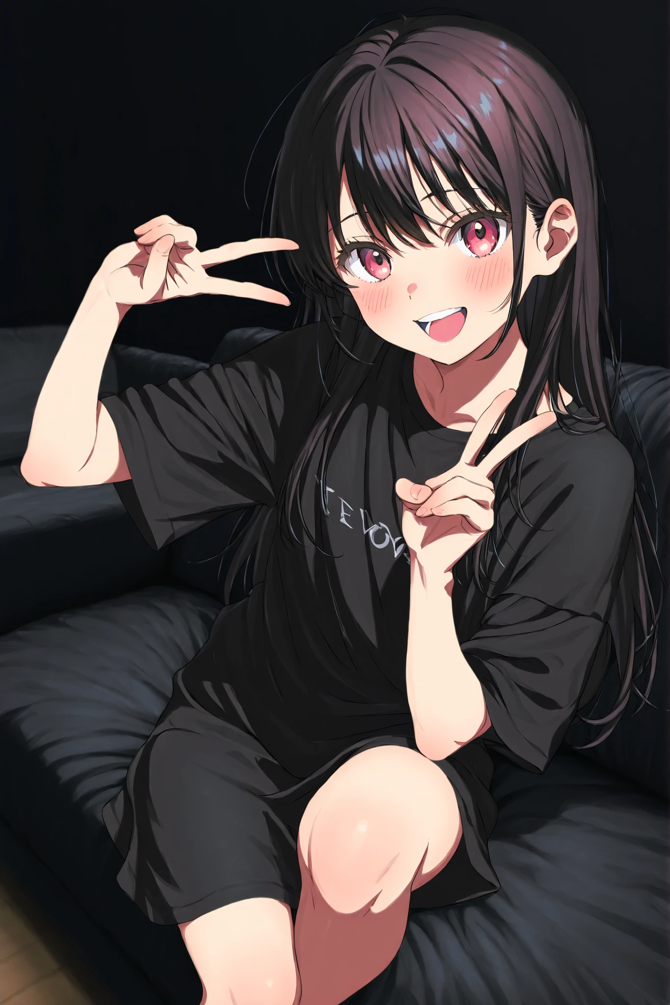 top-quality、Top image quality、​masterpiece、girl with((18 years old、dark haired、Long Hair、Black Clothes、D cup、laughing、V sign)）hiquality、visualart、Romance movie style、masutepiece、black room((Black Wall、TV、black sofa、black bed）