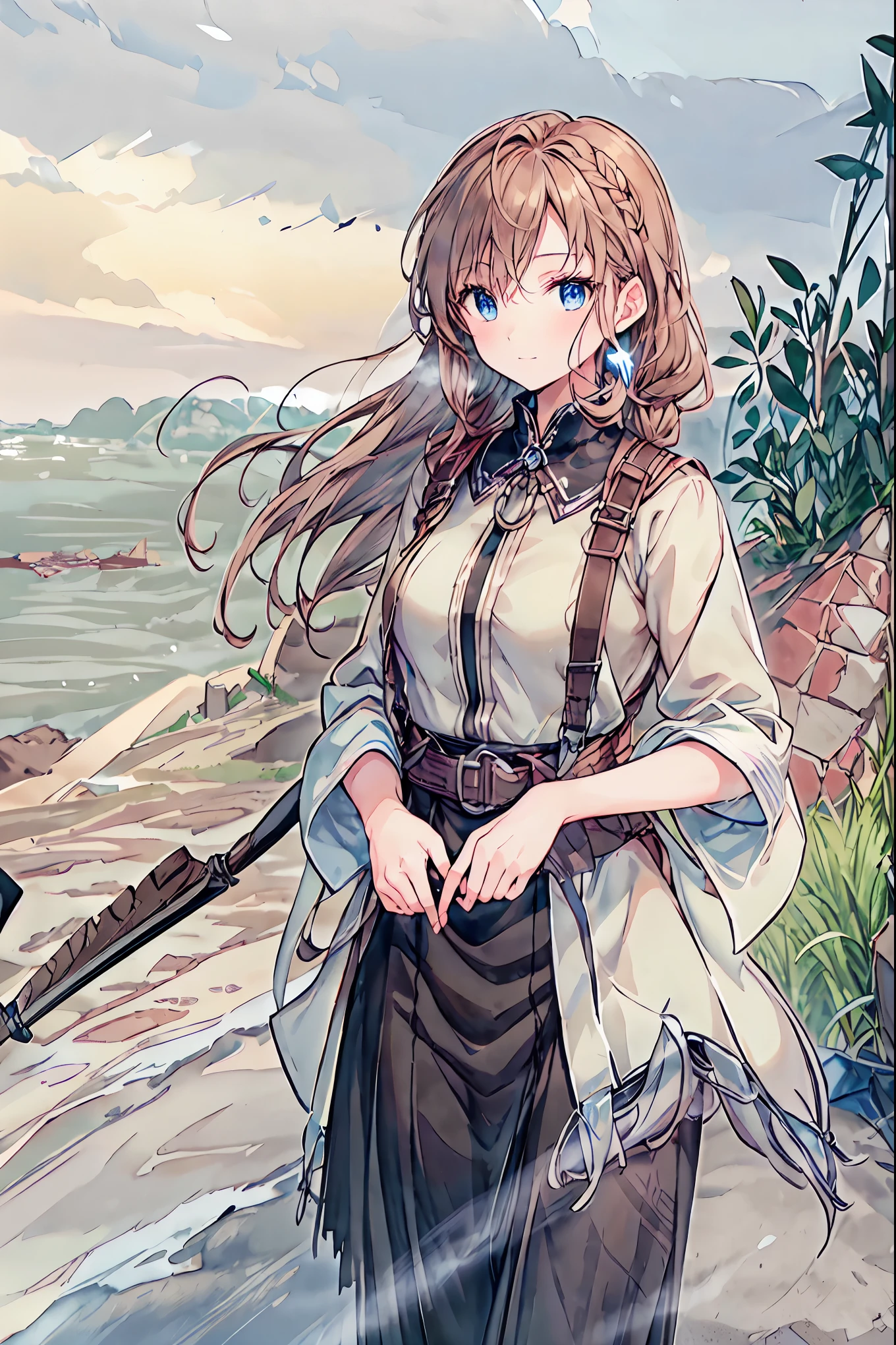 Sunrise in the misty countryside、Woman running up a steep hill、Distant and Near Views、 smoke coming out of an old rusted factory chimney near the bay and harbour、cinematic lighting、dramatic atmosphere、8k、high image quality、realistic、Detailed Scenery、muted colors with、volumetric lighting、Hazy environment、brown hair,shortcut,messy hair, short braided hair ,neat,Slender Beauty,majestic posture,Tiny Chest,Beautiful legs,Her charming grayish blue eyes shine like stars,bright colors,Beautiful Eyes,A delicate smile,textured skin,best quality in the best condition,A Gentle and Beautiful Woman,anime style、