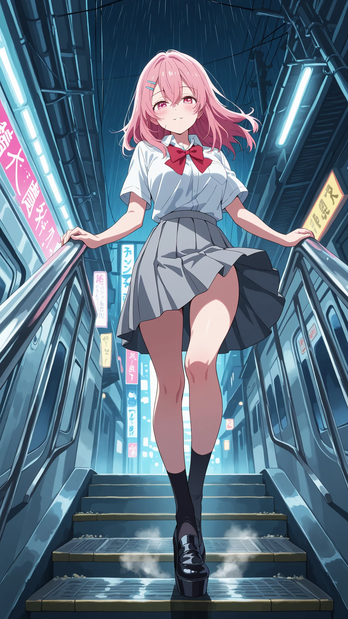 BREAK (masterpiece:1.2), best quality, high resolution, unity 8k wallpaper, (illustration:0.8), (beautiful detailed eyes:1.6),Empty neon-lit street in Tokyo,
puddles reflecting colorful signs,
soft rain falling, steam rising from vents,
distant train lights passing on elevated tracks,
anime cinematic style, high detail,
moody and atmospheric,minami kotobuki, long hair, bangs, hair ornament, hair between eyes, pink hair, hairclip, medium hair, pink eyes, medim breasts,shirt, bow, school uniform, white shirt, short sleeves, collared shirt, bowtie, red bow, grey skirt,blush, expression,looking at viewer,full body shot,seductive pose,floating hair,floating skirt,from below,sexy platform heels,close up