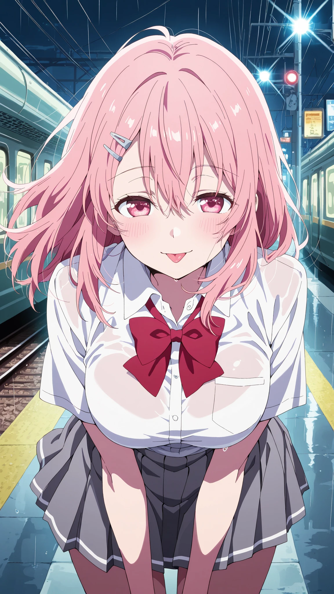 BREAK (masterpiece:1.2), best quality, high resolution, unity 8k wallpaper, (illustration:0.8), (beautiful detailed eyes:1.6),Empty neon-lit street in Tokyo,
puddles reflecting colorful signs,
soft rain falling, steam rising from vents,
distant train lights passing on elevated tracks,
anime cinematic style, high detail,
moody and atmospheric,minami kotobuki, long hair, bangs, hair ornament, hair between eyes, pink hair, hairclip, medium hair, pink eyes, medim breasts,shirt, bow, school uniform, white shirt, short sleeves, collared shirt, bowtie, red bow, grey skirt,blush, expression,looking at viewer,cowboy shot,seductive pose,floating hair,floating skirt,bent over,showing tongue,smile